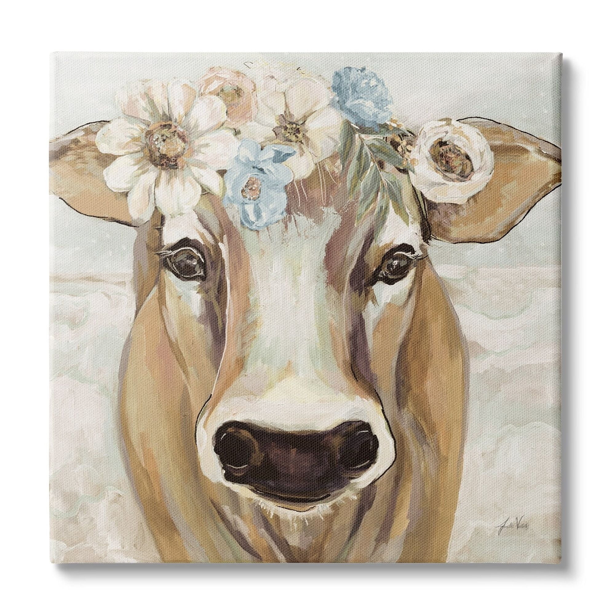 Stupell Industries Big Nose Boho Farm Cow Daisy Flower Crown, 17 x 17, Design by Jeanette Vertentes