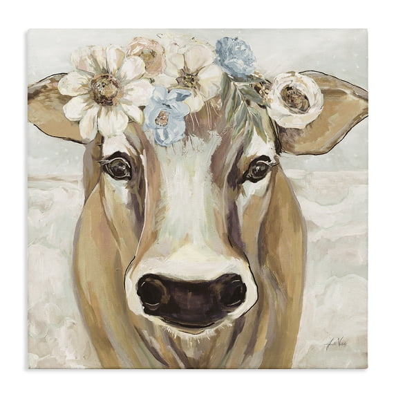 Stupell Industries Rustic Lodge Big Nose Boho Farm Cow Daisy Flower Crown Canvas Art, 17 x 17, by Jeanette Vertentes