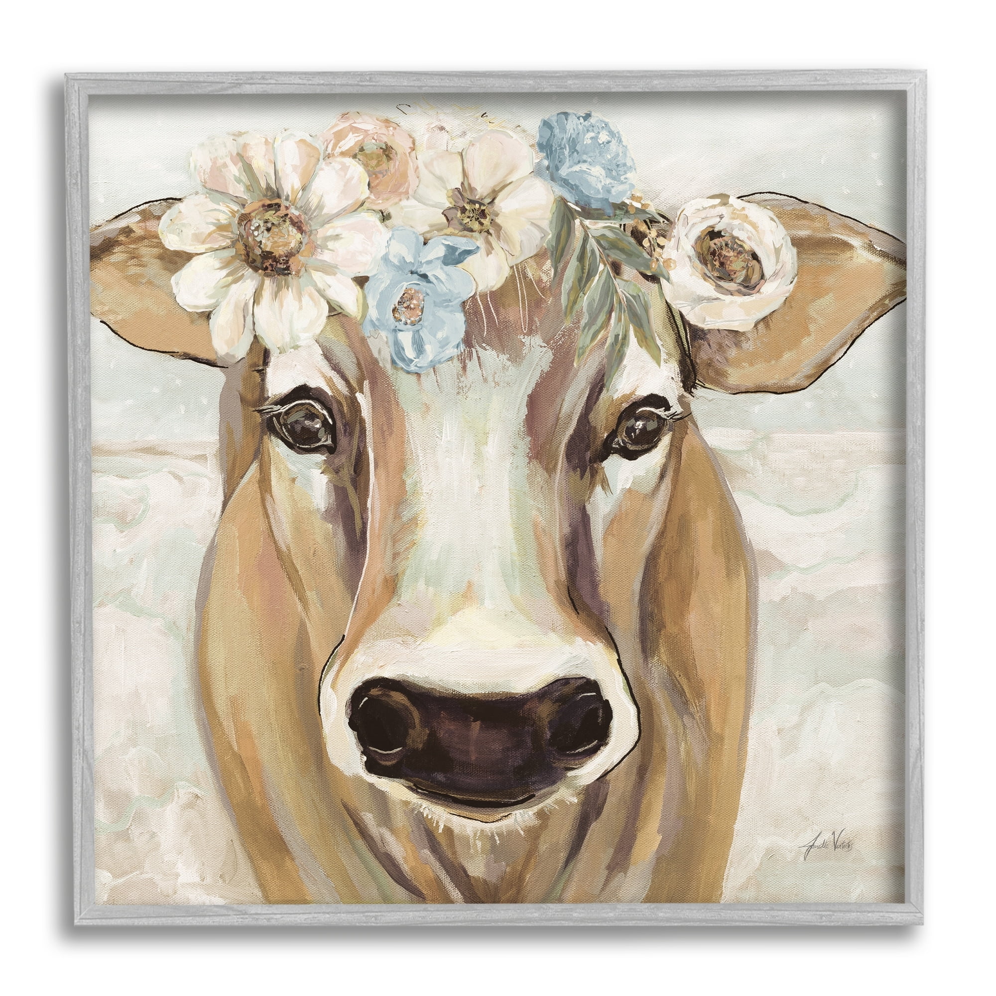Stupell Industries Big Nose Boho Farm Cow Daisy Flower Crown, 24 x 24, Design by Jeanette Vertentes
