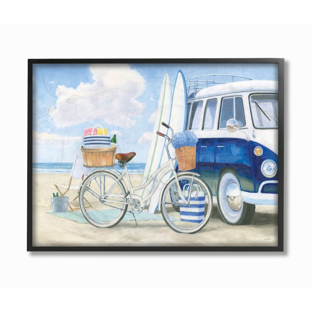 Stupell Industries Bike and Van Beach Nautical Blue White Painting Framed Wall Art Design by James Wiens, 11" x 14", Black Framed