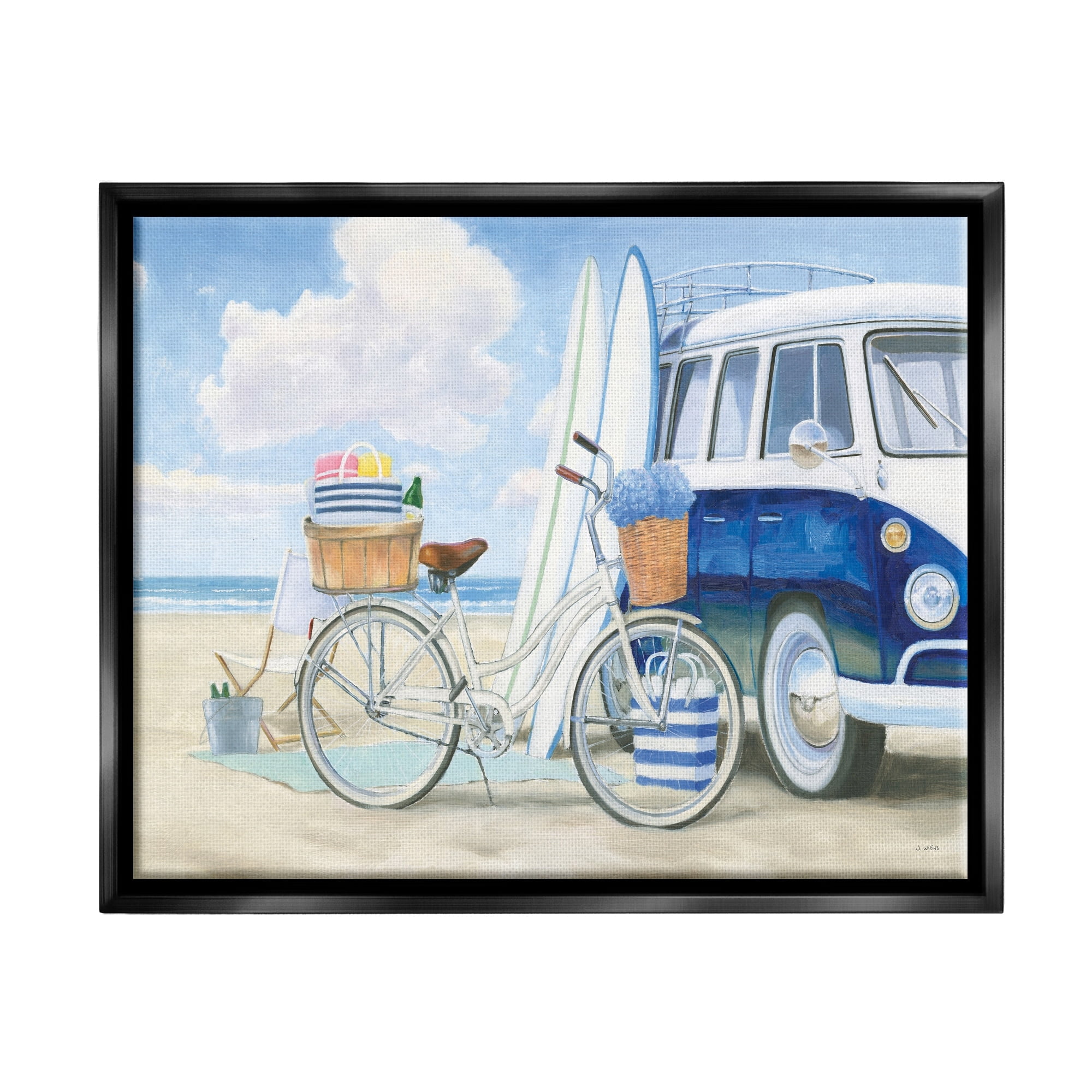 Stupell Industries Bike and Van Beach Nautical Blue White Painting Luster Gray Framed Floating Canvas Wall Art, 24x30, by James Wiens