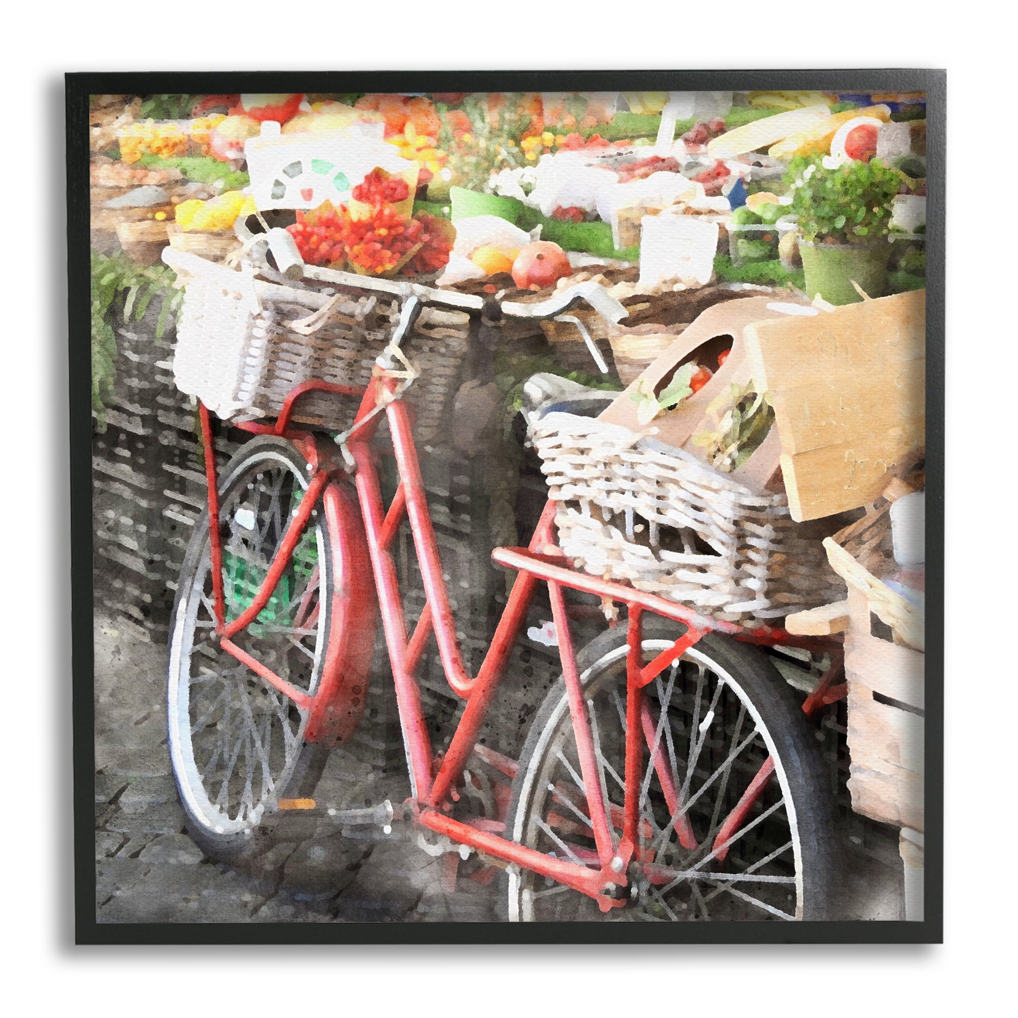 Stupell Industries Bike at Farmer's Market Transportation Painting Black Framed Art Print Wall Art, 17 x 17
