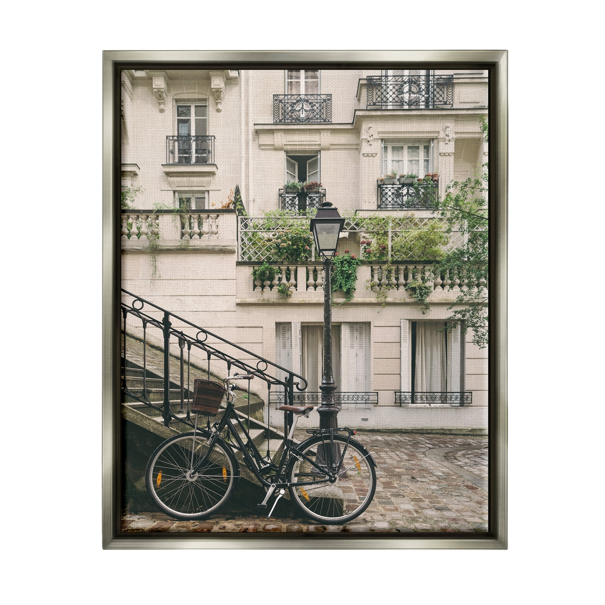 Stupell Industries Bike in Town Photography Travel & Places Photography Gray Floater Framed Art Print Wall Art, 17 x 21