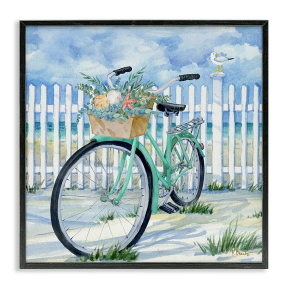 Stupell Industries Bike on Rosemary Beach Transportation Painting Black Framed Art Print Wall Art, 12 x 12