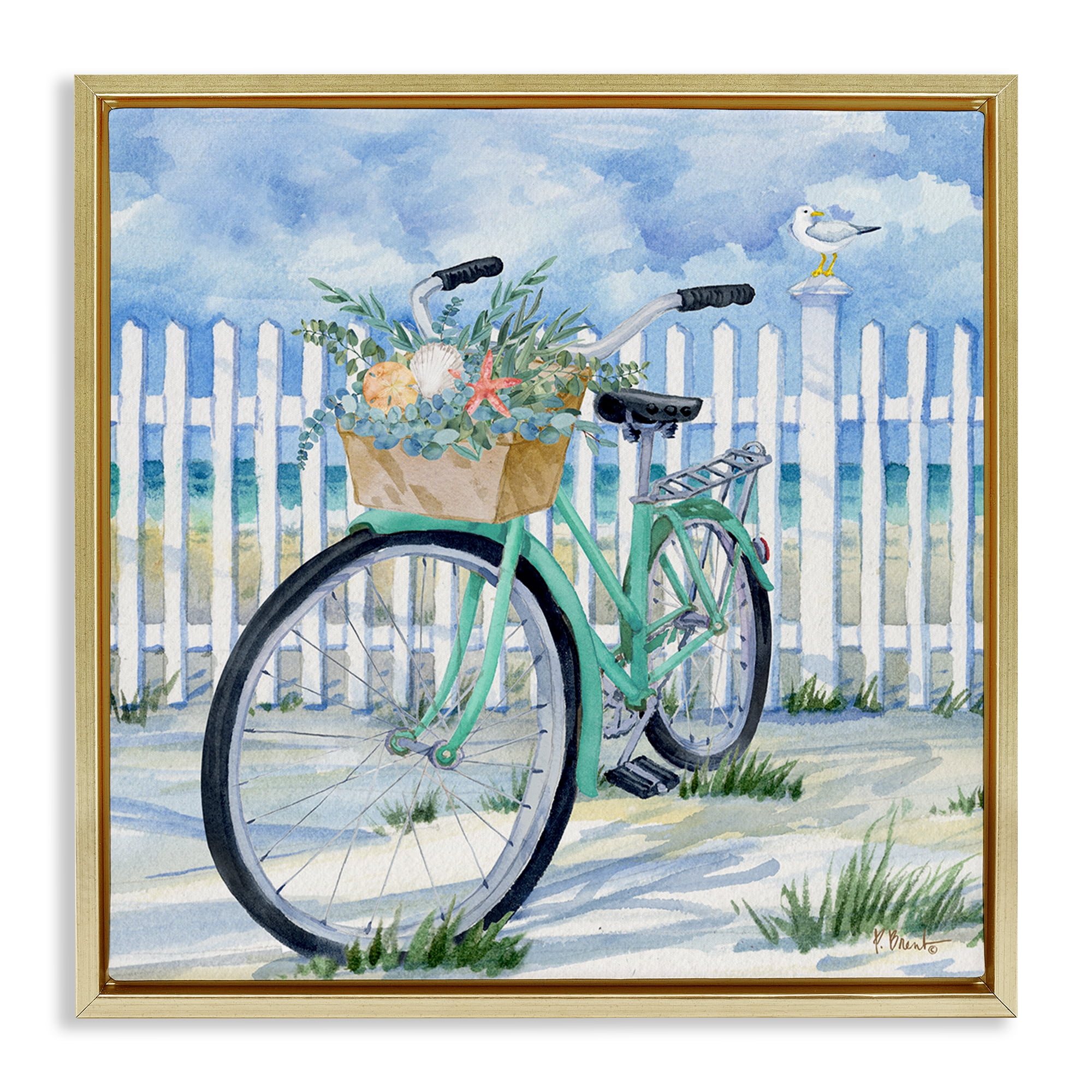 Stupell Industries Bike on Rosemary Beach Transportation Painting Gold Floater Framed Canvas Art Print Wall Art, 25 x 25