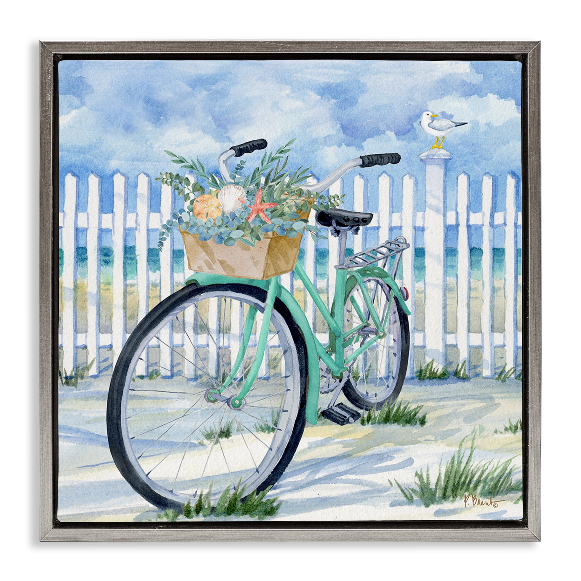 Stupell Industries Bike on Rosemary Beach Transportation Painting Gray Floater Framed Canvas Art Print Wall Art, 25 x 25