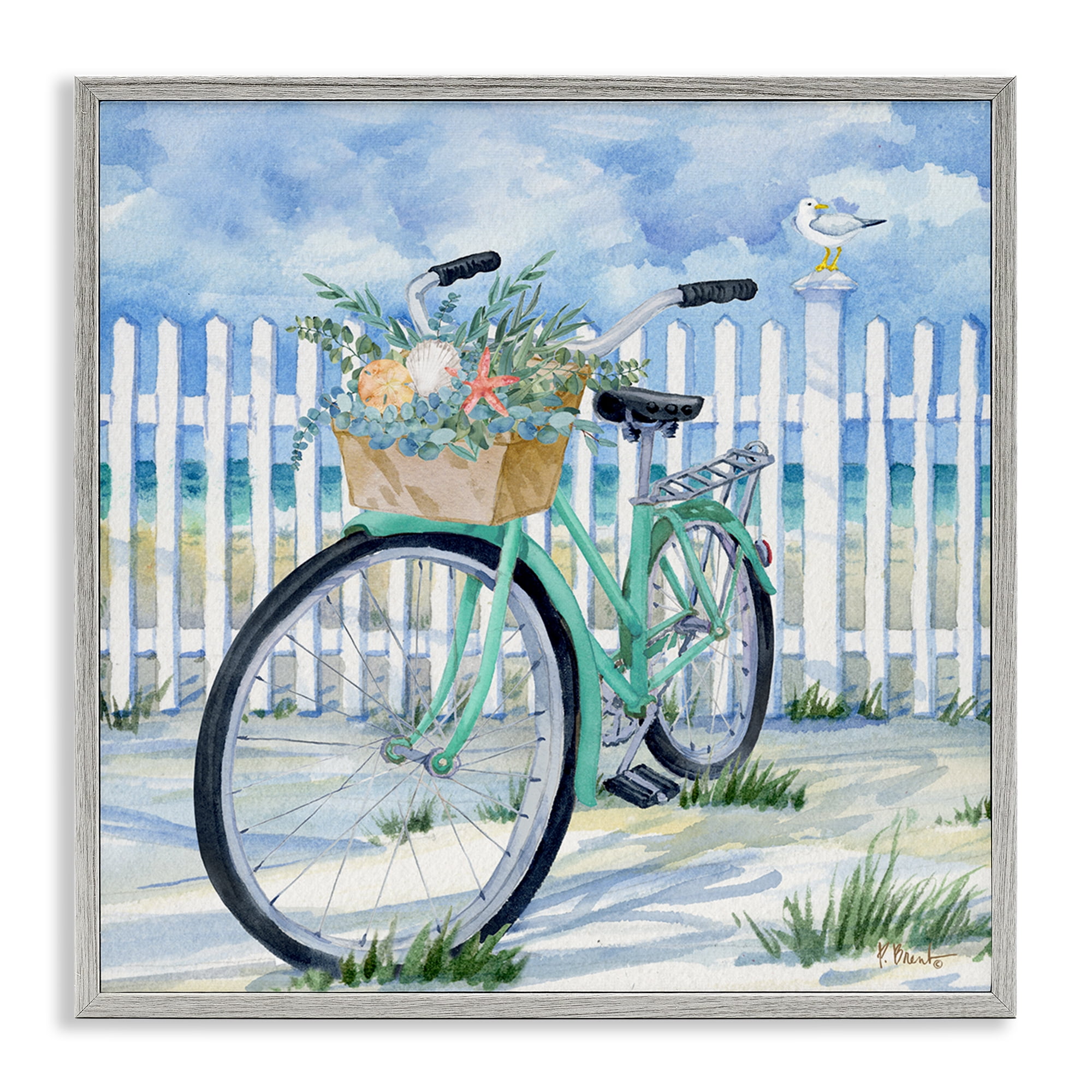 Stupell Industries Bike on Rosemary Beach Transportation Painting Gray Framed Art Print Wall Art, 17 x 17
