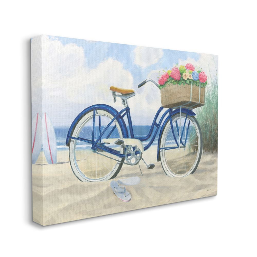 Stupell Industries Bike with Flower Basket Beach Blue Nautical Painting Canvas Wall Art Design by James Wiens, 16" x 20"