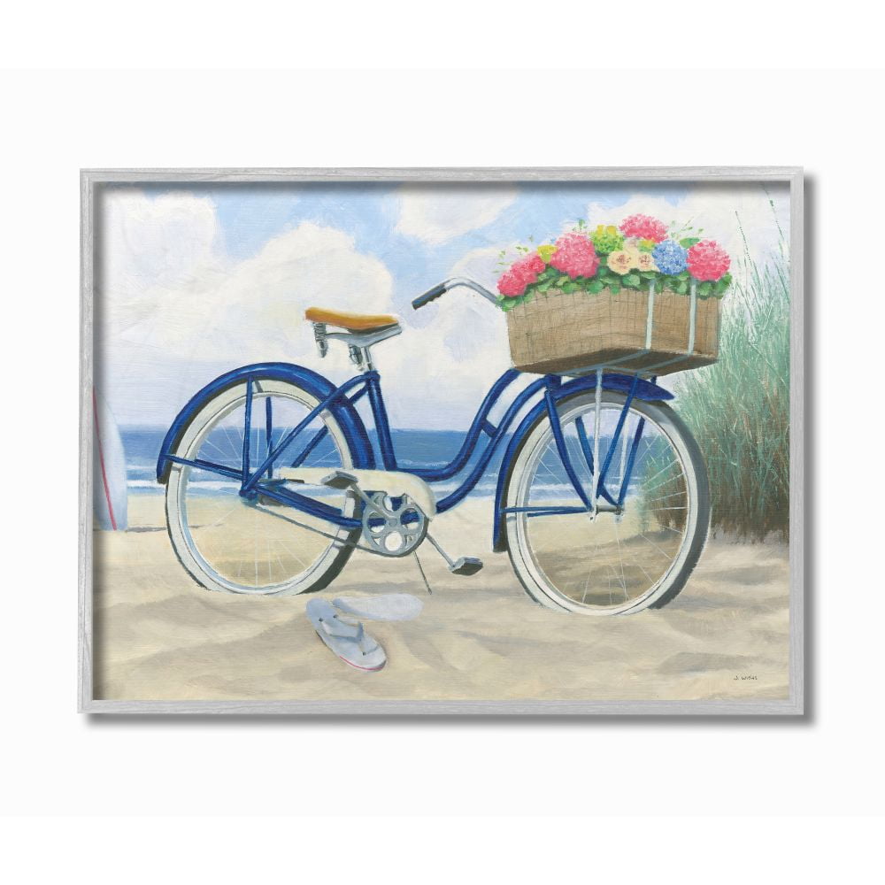 Stupell Industries Bike with Flower Basket Beach Blue Nautical Painting Framed Wall Art Design by James Wiens, 16" x 20", Gray Framed