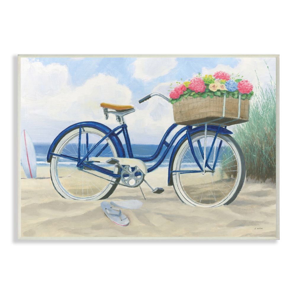 Stupell Industries Bike with Flower Basket Beach Blue Nautical Painting Unframed Art Print Wall Art, 10x15, by James Wiens