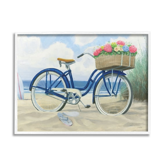 Stupell Industries Bike with Flower Basket Beach Blue Nautical Painting White Framed Art Print Wall Art, 16x20, by James Wiens