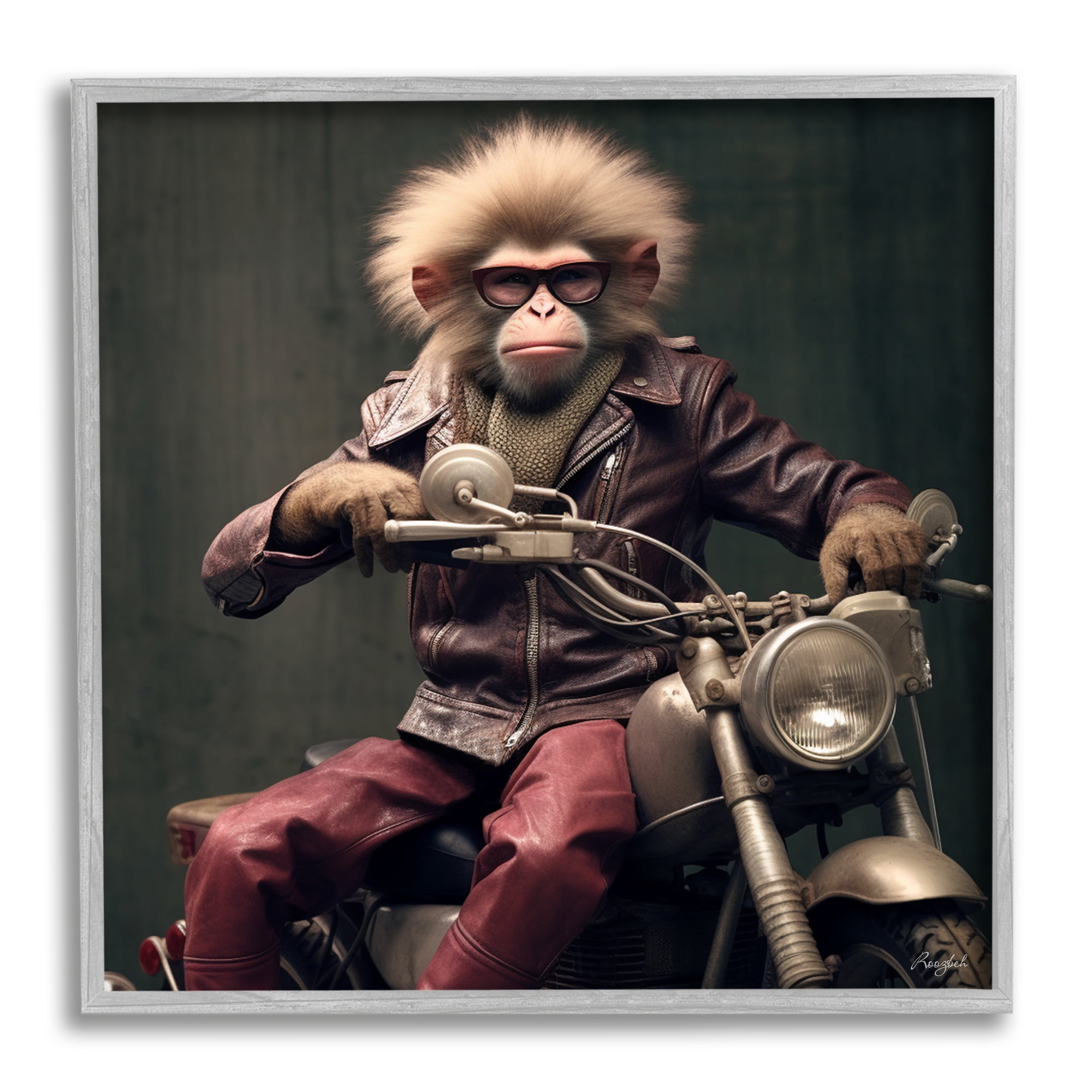 Stupell Industries Biker Monkey Portrait Animals & Insects Painting Gray Framed Art Print Wall Art, 24 x 24