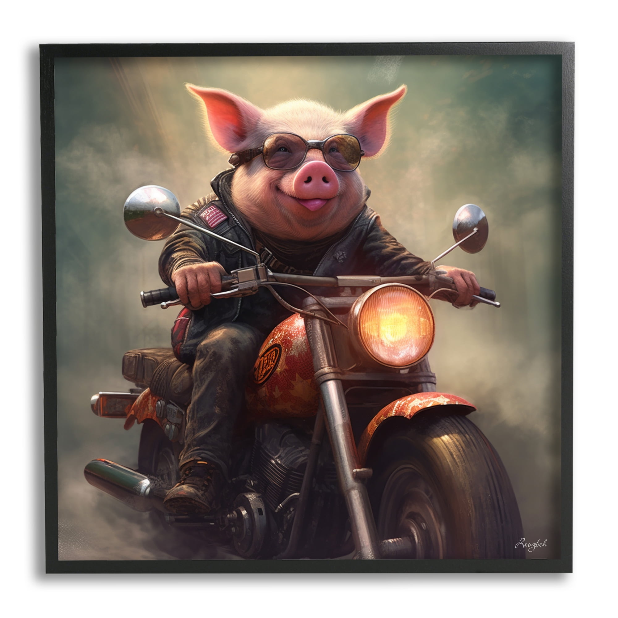 Stupell Industries Biker Pig on Motorcycle Animals & Insects Painting Black Framed Art Print Wall Art, 17 x 17