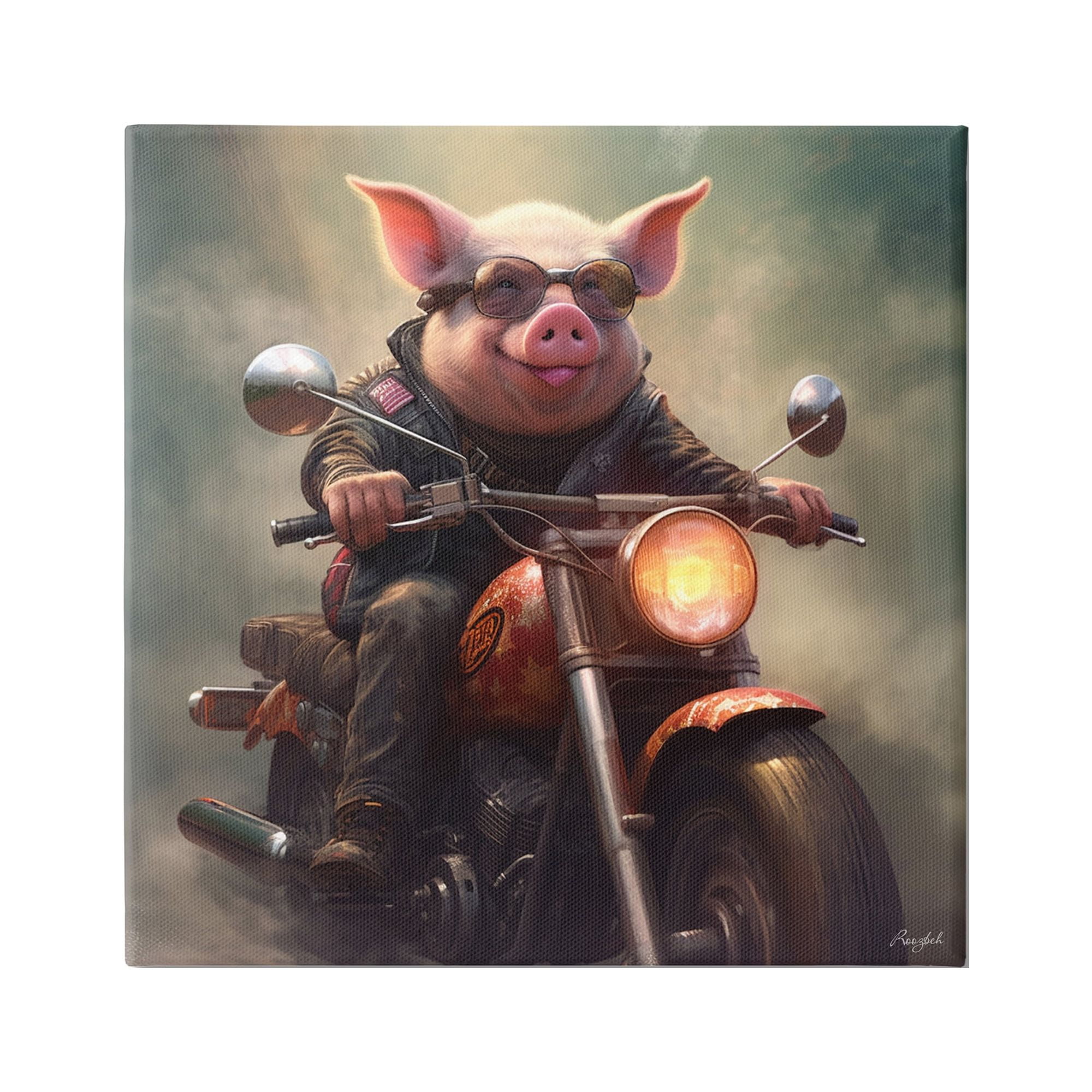 Stupell Industries Biker Pig on Motorcycle Animals & Insects Painting Gallery Wrapped Canvas Art Print Wall Art, 17 x 17