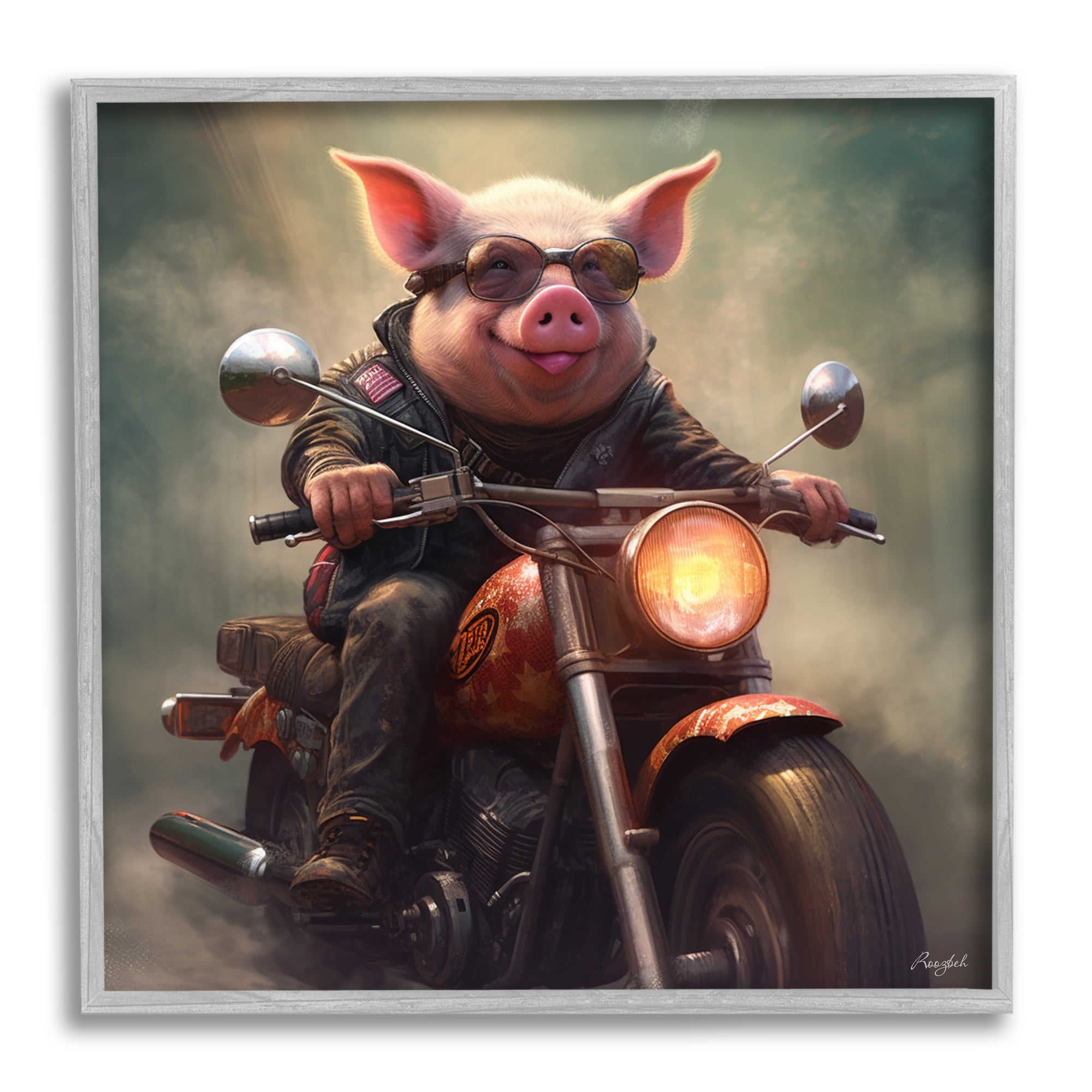 Stupell Industries Biker Pig on Motorcycle Animals & Insects Painting Gray Framed Art Print Wall Art, 17 x 17