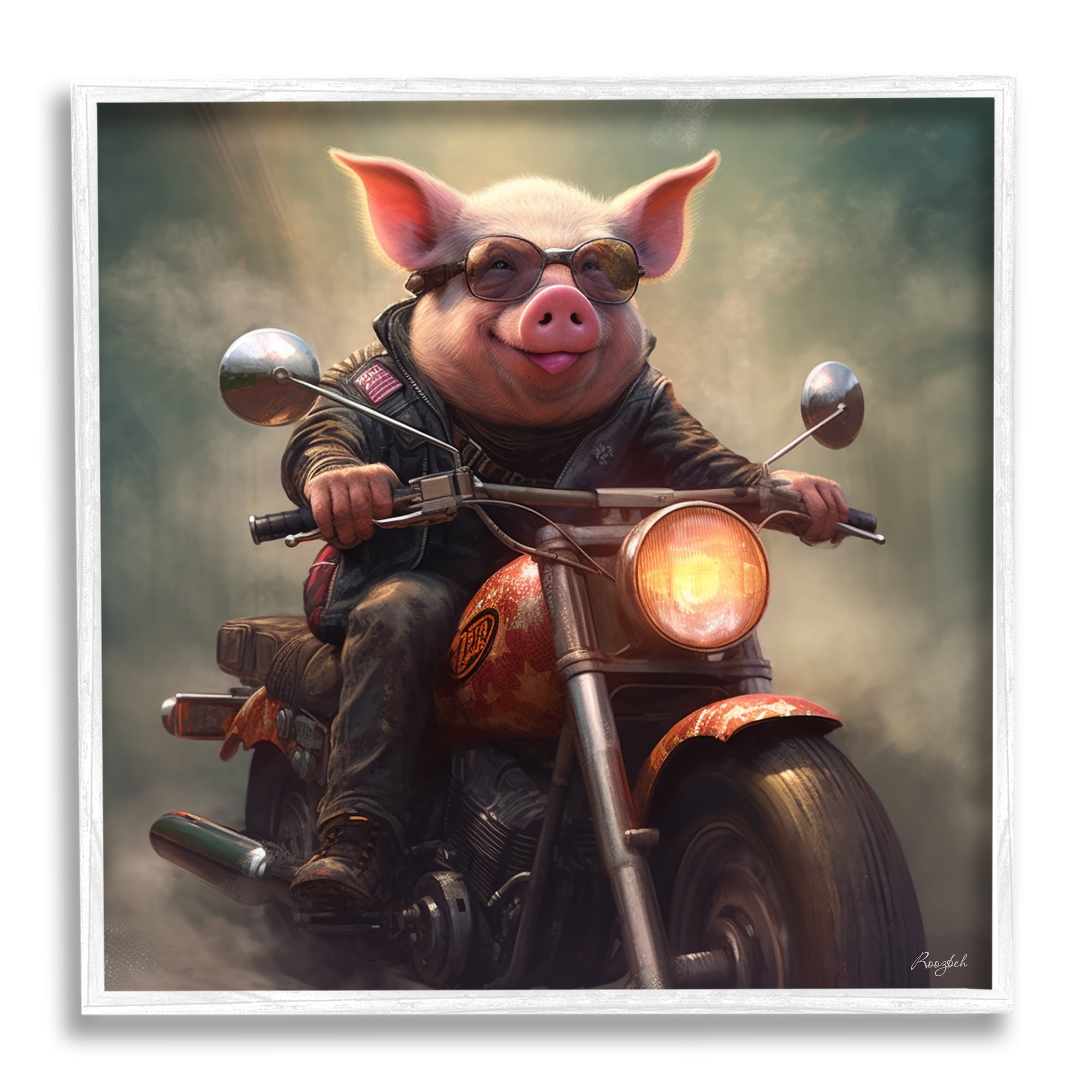 Stupell Industries Biker Pig on Motorcycle Animals & Insects Painting White Framed Art Print Wall Art, 24 x 24