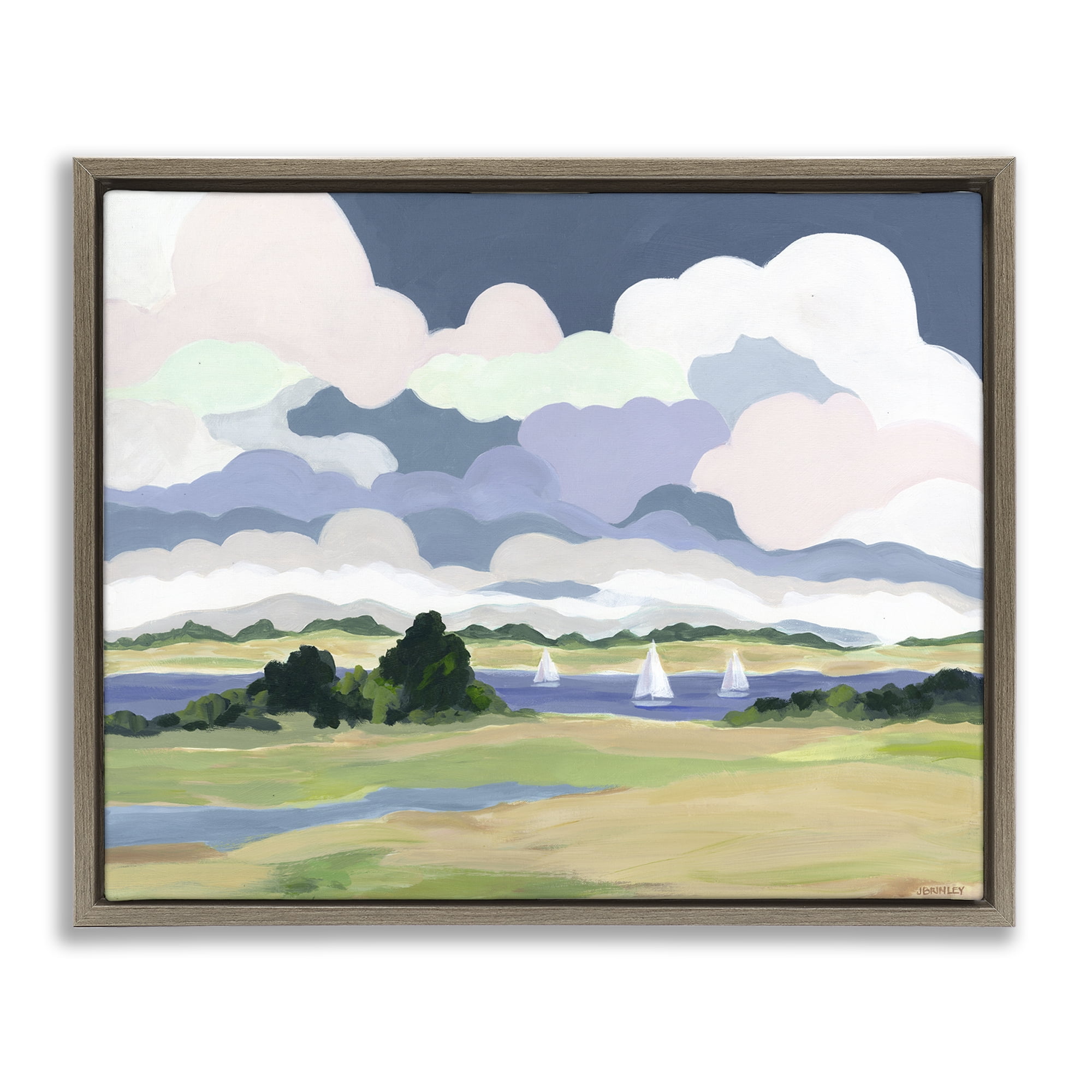Stupell Industries Billowing Clouds Countryside Landscape & Nature Painting Brown Floater Framed Canvas Art Print Wall Art, 31 x 25