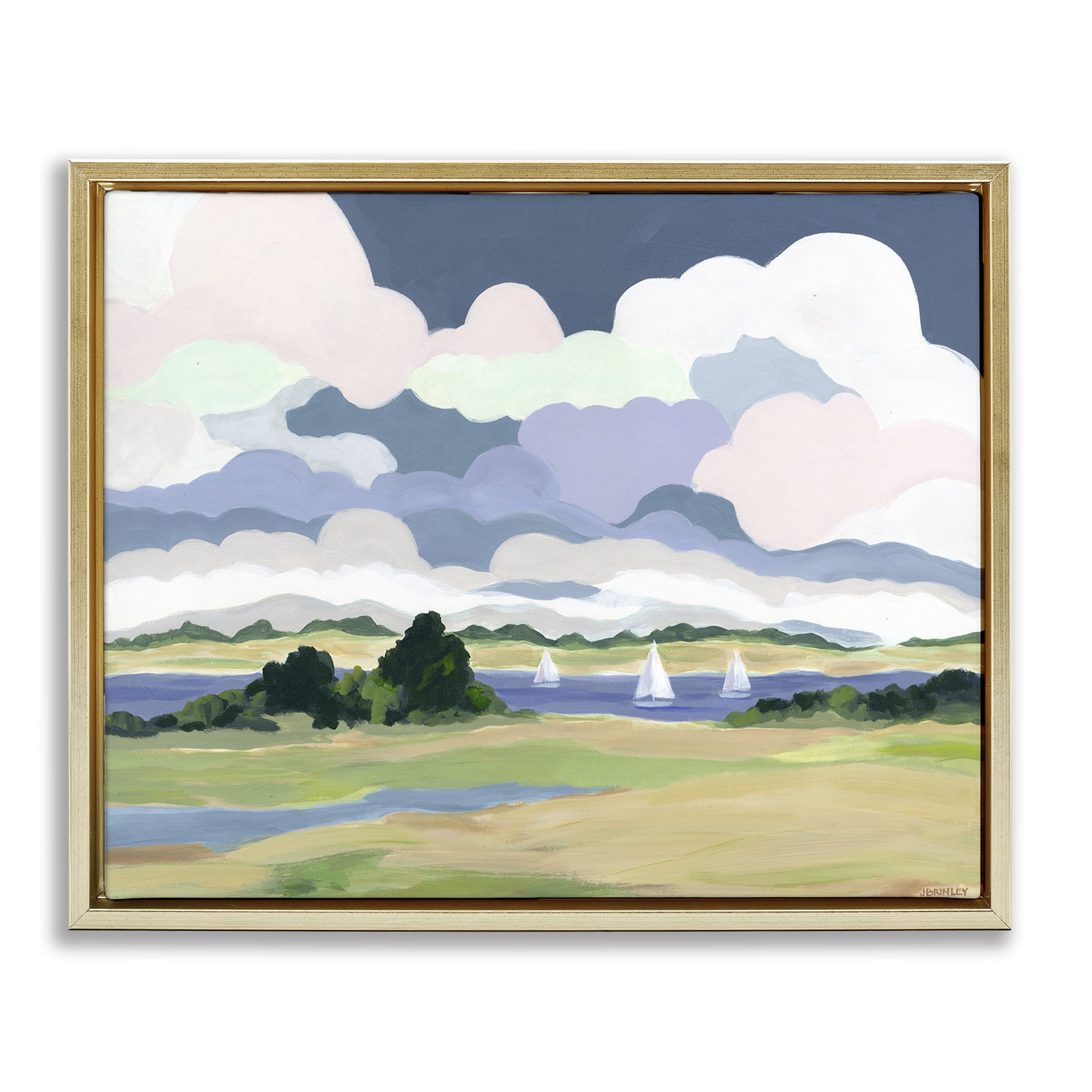 Stupell Industries Billowing Clouds Countryside Landscape & Nature Painting Gold Floater Framed Canvas Art Print Wall Art, 21 x 17