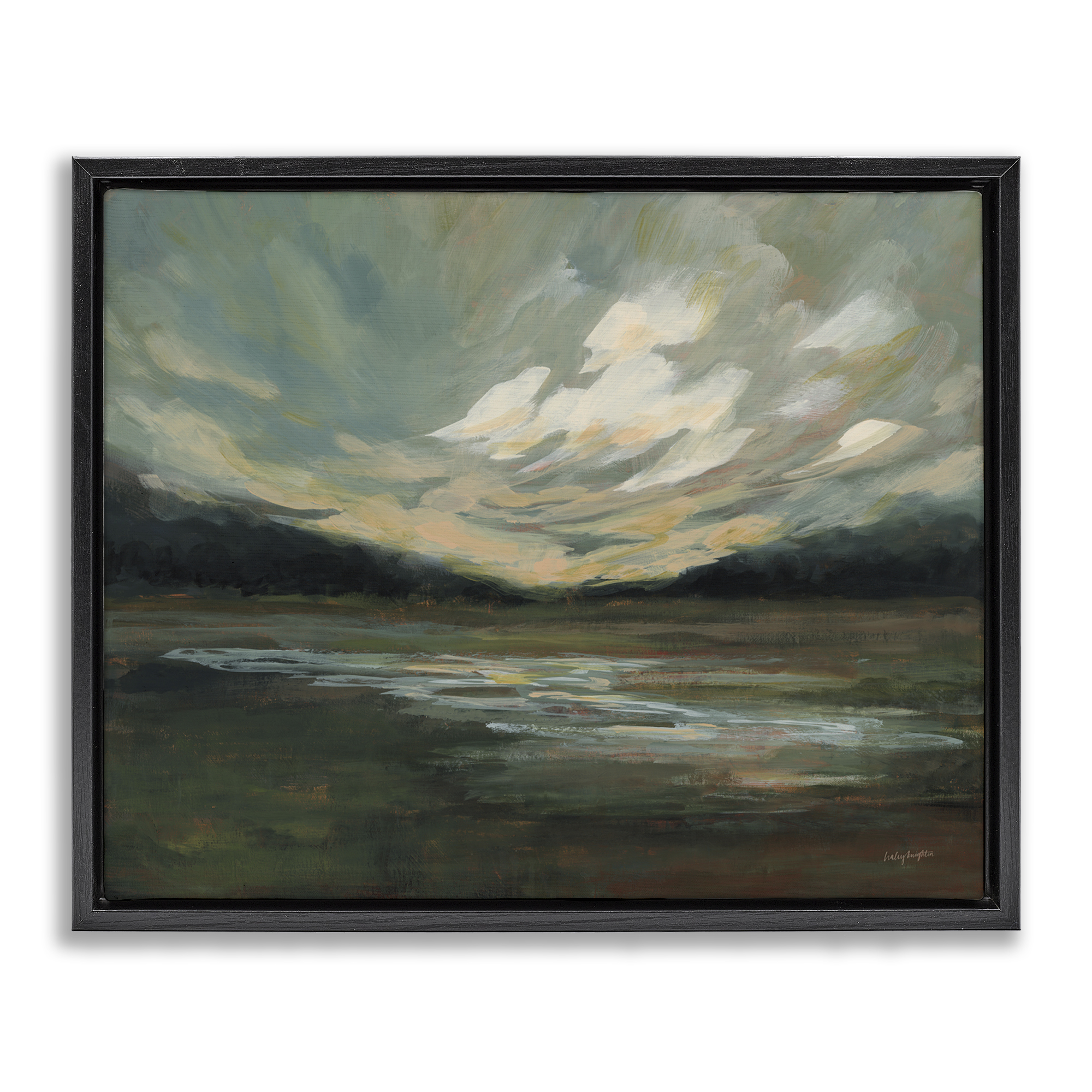 Stupell Industries Billowing Clouds Landscape Landscape & Nature Painting Black Floater Framed Canvas Art Print Wall Art, 21 x 17