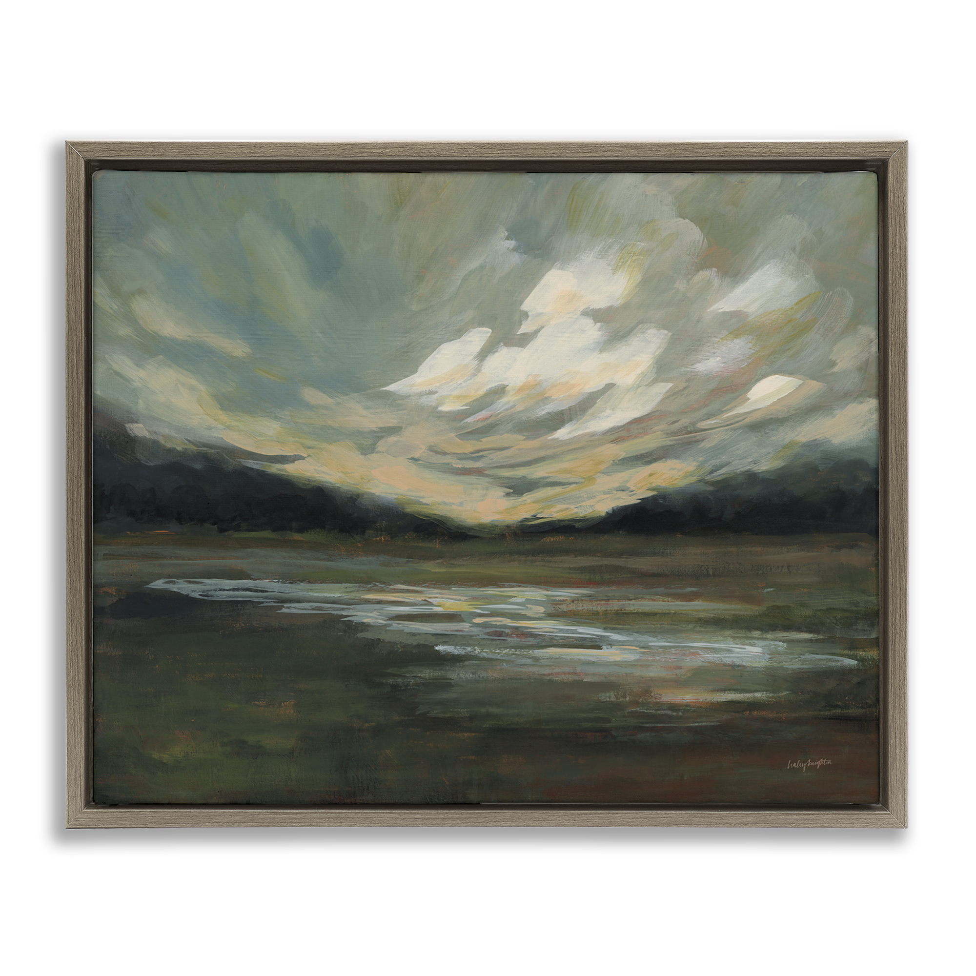 Stupell Industries Billowing Clouds Landscape Landscape & Nature Painting Brown Floater Framed Canvas Art Print Wall Art, 21 x 17