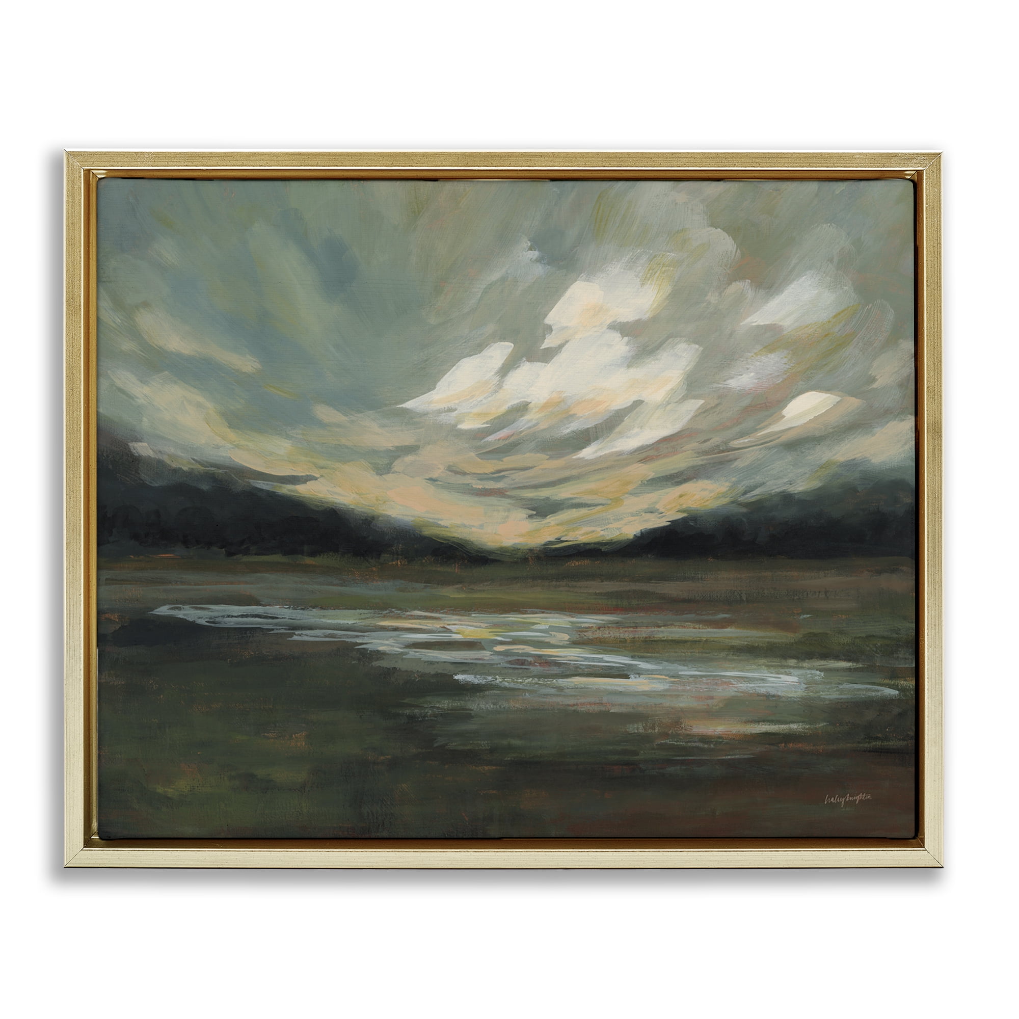 Stupell Industries Billowing Clouds Landscape Landscape & Nature Painting Gold Floater Framed Canvas Art Print Wall Art, 21 x 17