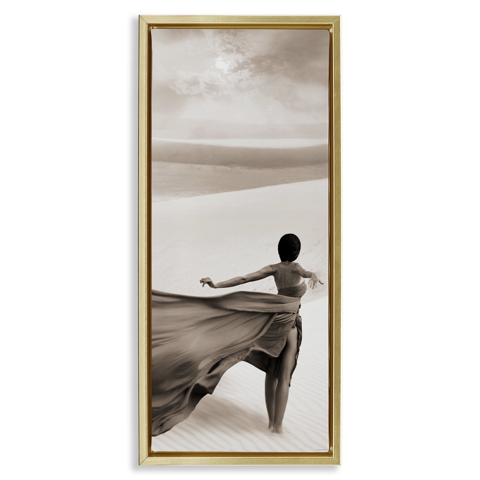 Stupell Industries Billowing Dress in Desert People Painting Gold Floater Framed Canvas Art Print Wall Art, 14 x 31