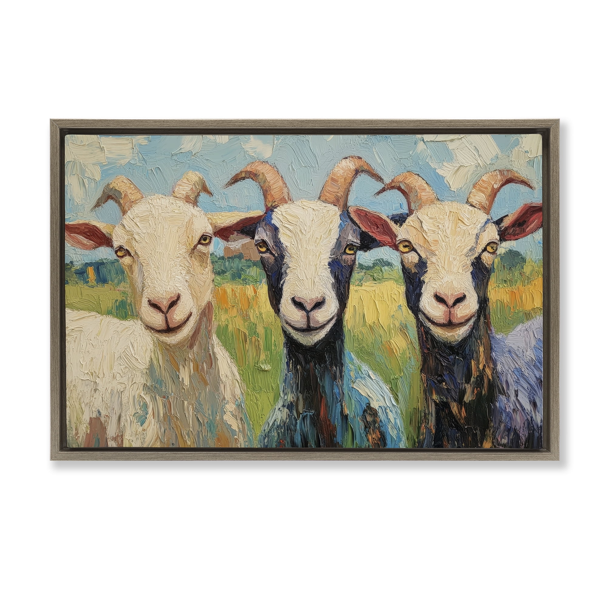 Stupell Industries Billy Goats in Bright Pasture Brown Framed Floater Canvas Wall Art, design by Petal Prints Design