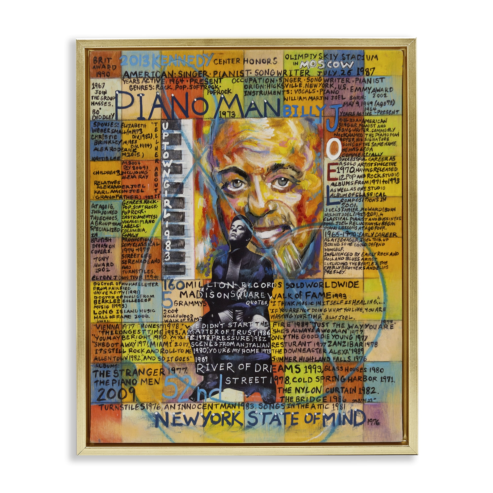 Stupell Industries Billy Joel Collage People Drawing Gold Floater Framed Canvas Art Print Wall Art, 17 x 21