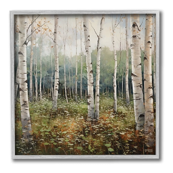 Stupell Industries Birch Forest Vegetation Landscape Painting Gray Framed Art Print Wall Art, 12 x 12