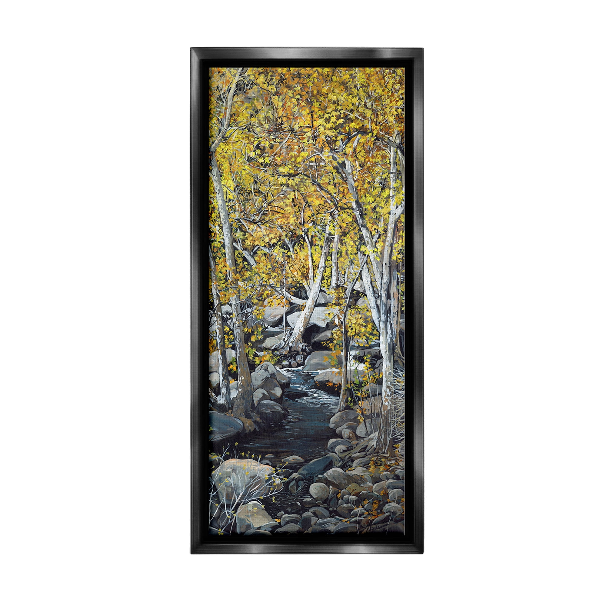Stupell Industries Birch Tree Creek Landscape Landscape Painting Black Floater Framed Canvas Art Print Wall Art, 14 x 31