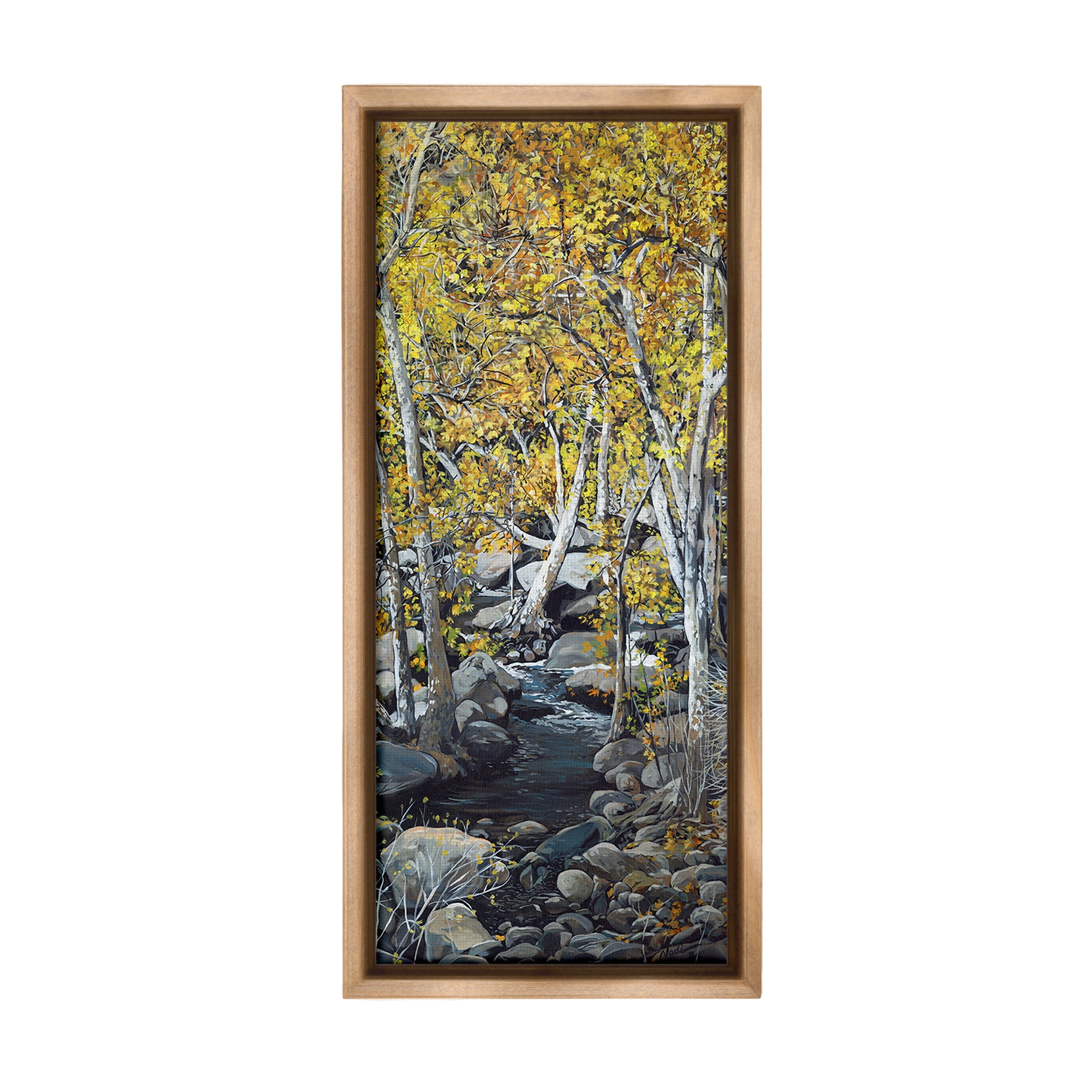 Stupell Industries Birch Tree Creek Landscape Landscape Painting Brown Floater Framed Canvas Art Print Wall Art, 14 x 31