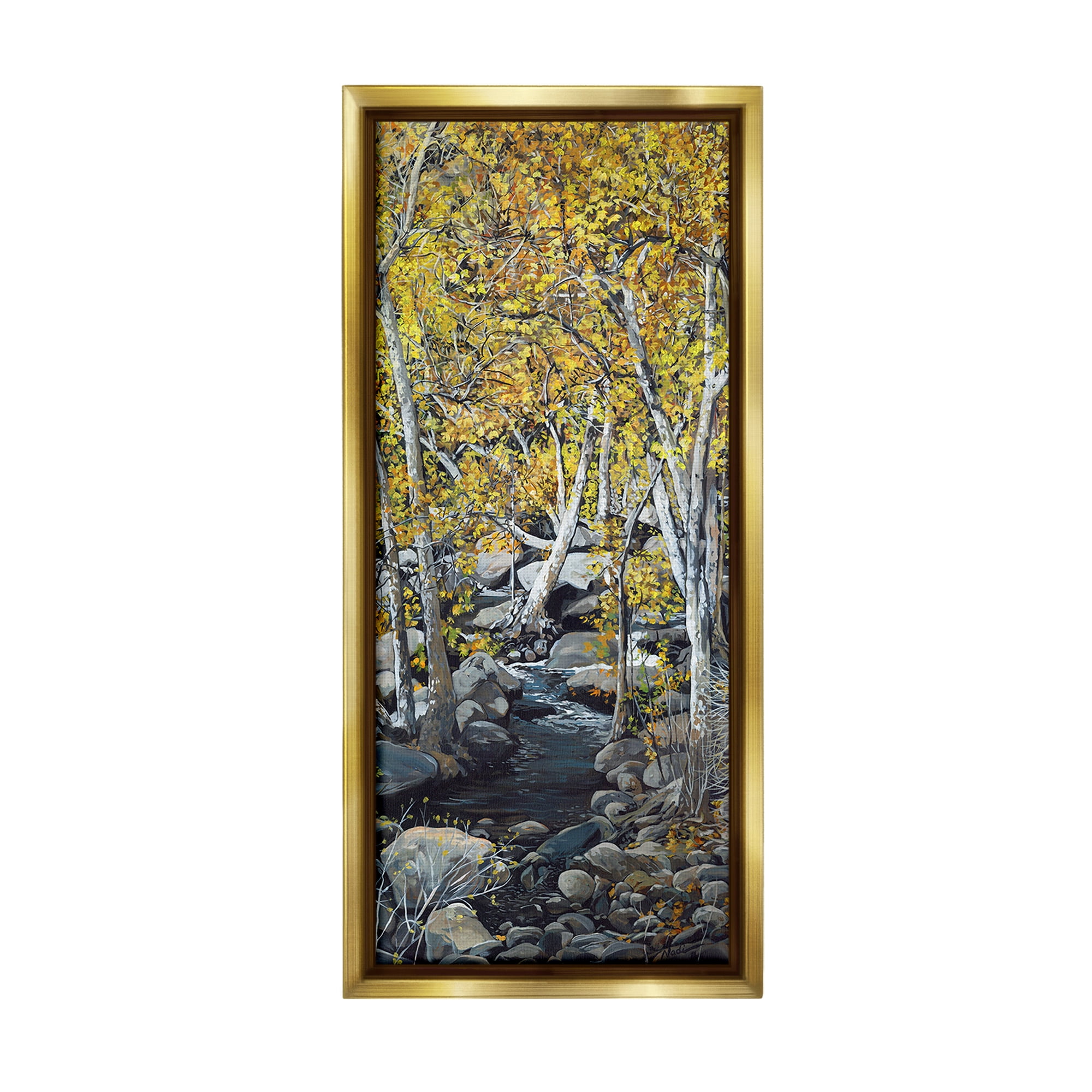 Stupell Industries Birch Tree Creek Landscape Landscape Painting Gold Floater Framed Canvas Art Print Wall Art, 14 x 31