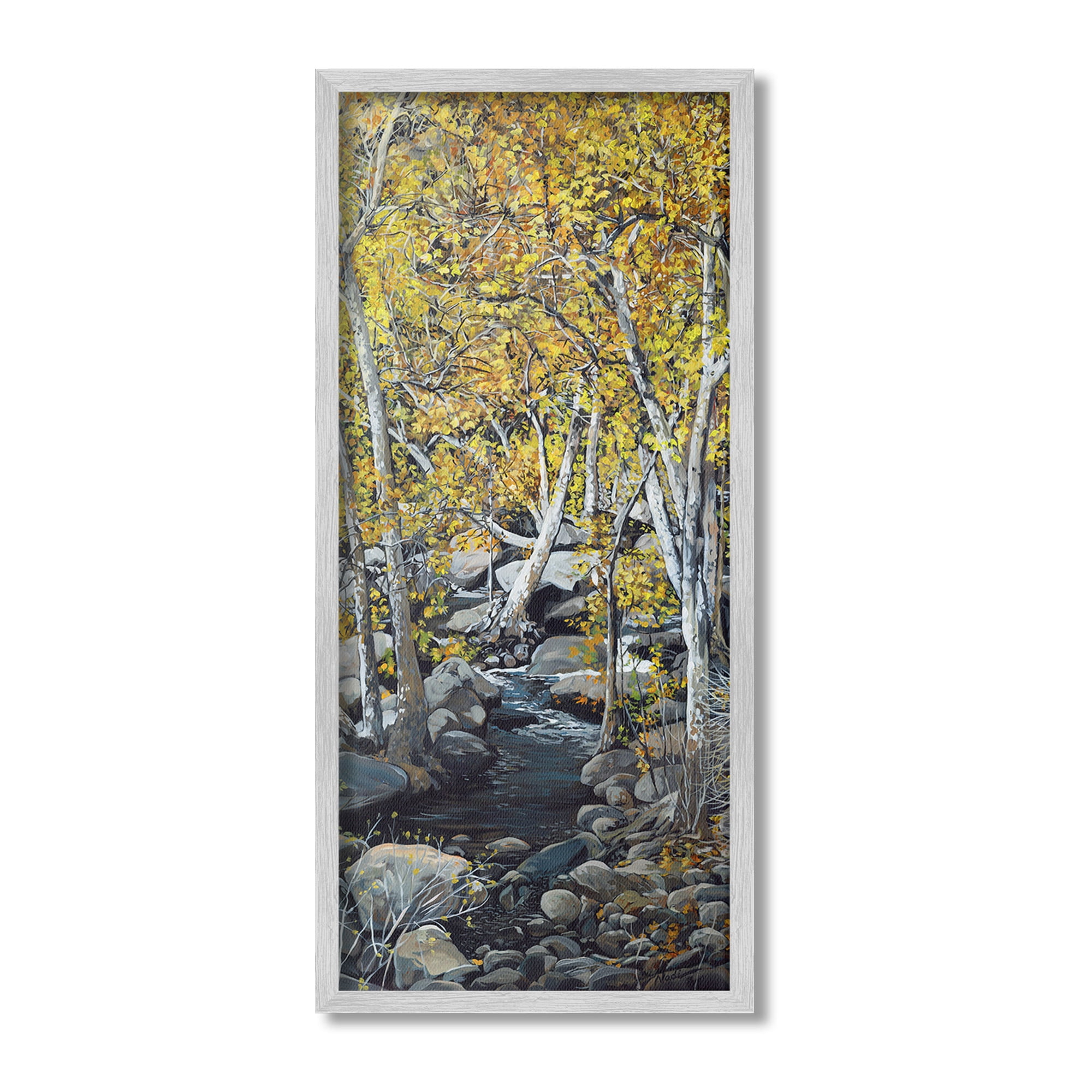 Stupell Industries Birch Tree Creek Landscape Landscape Painting Gray Framed Art Print Wall Art, 13 x 30