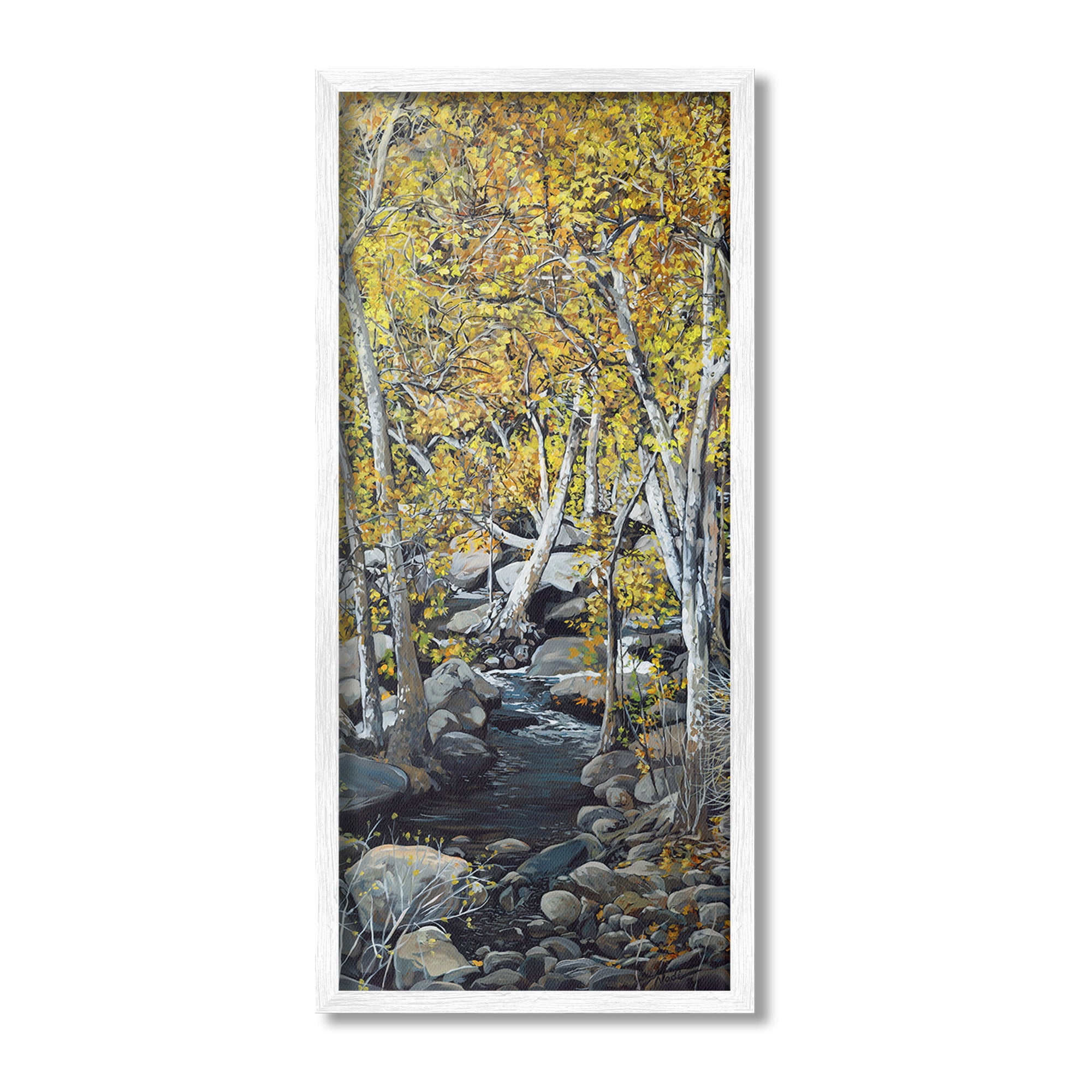 Stupell Industries Birch Tree Creek Landscape Landscape Painting White Framed Art Print Wall Art, 10 x 24
