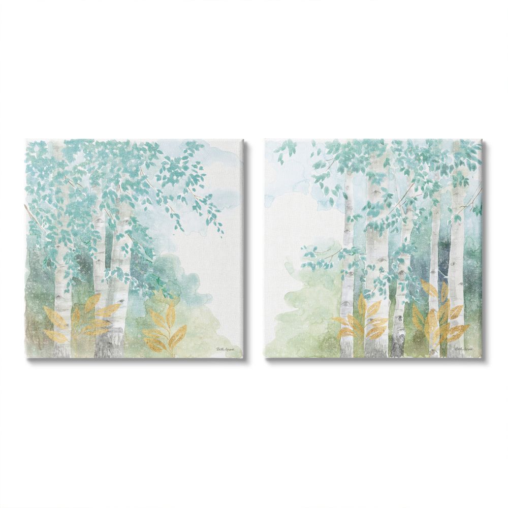 Stupell Industries Birch Tree Forest Tranquil Green Gold Watercolor Canvas Wall Art Design by Beth Grove, 2 Piece, 24" x 24"