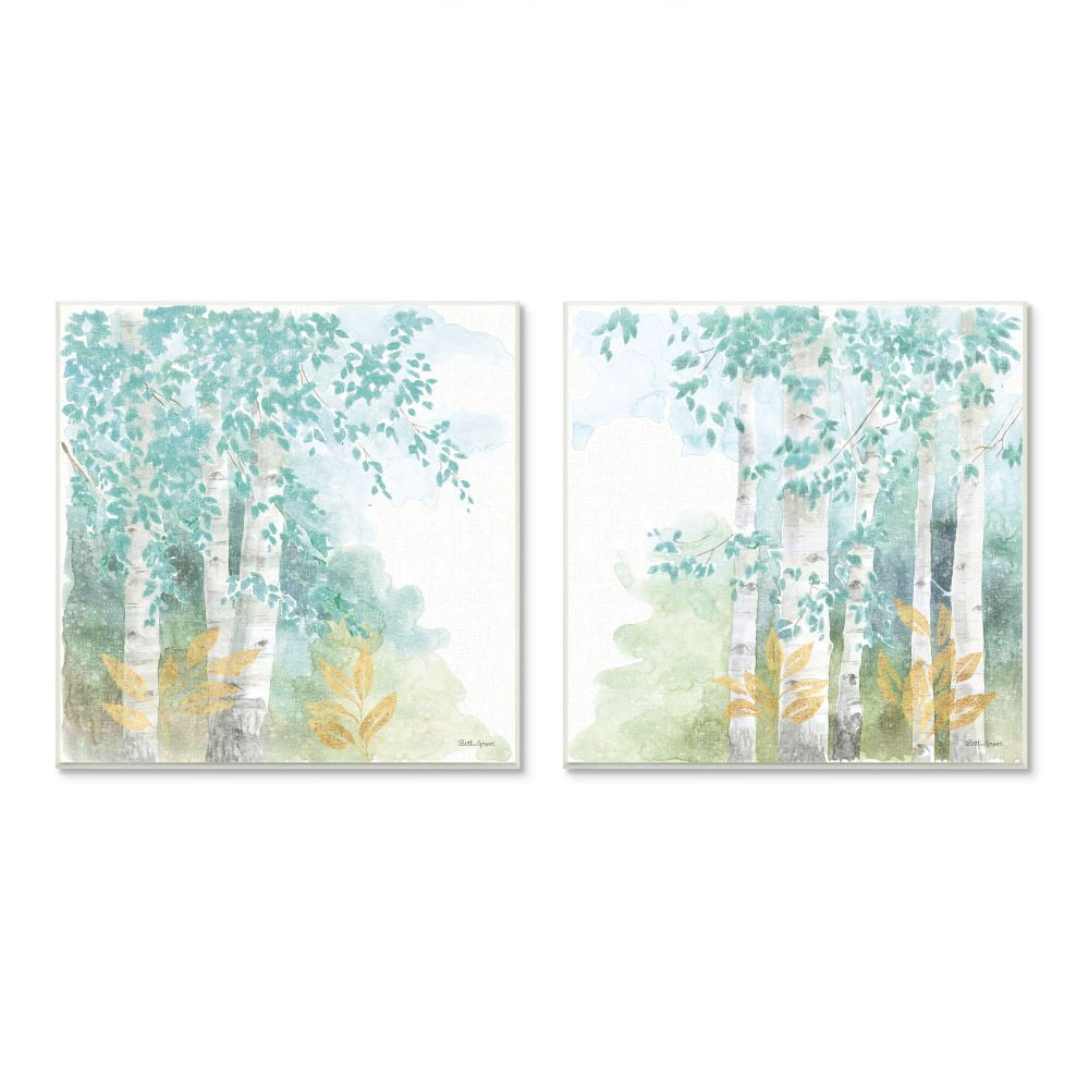 Stupell Industries Birch Tree Forest Tranquil Green Gold Watercolor Unframed Art Print Wall Art Set of 2, 12x12, by Beth Grove