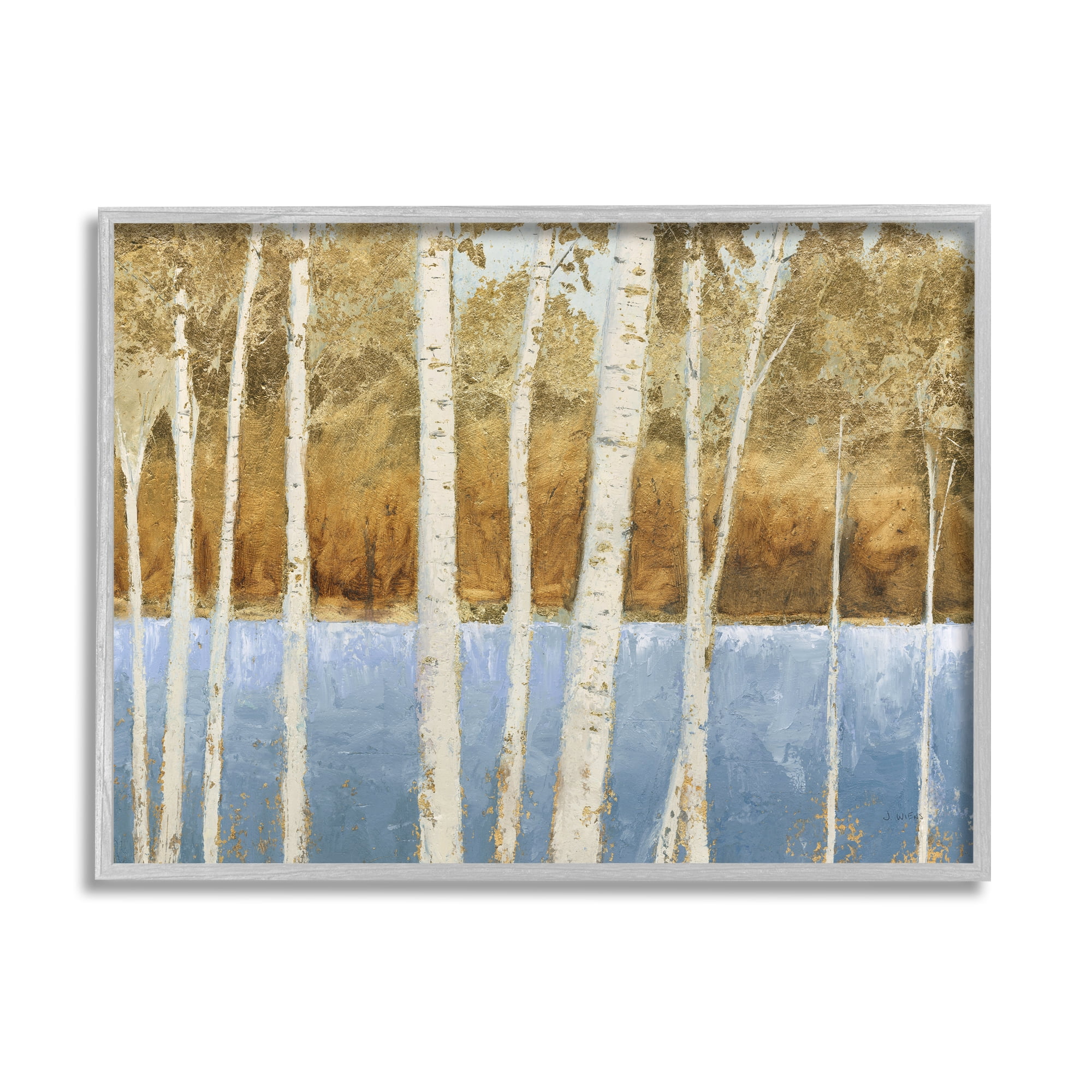 Stupell Industries Birch Tree Lake Landscape Blue Gold Nature Painting, 24 x 30,Design by James Wiens