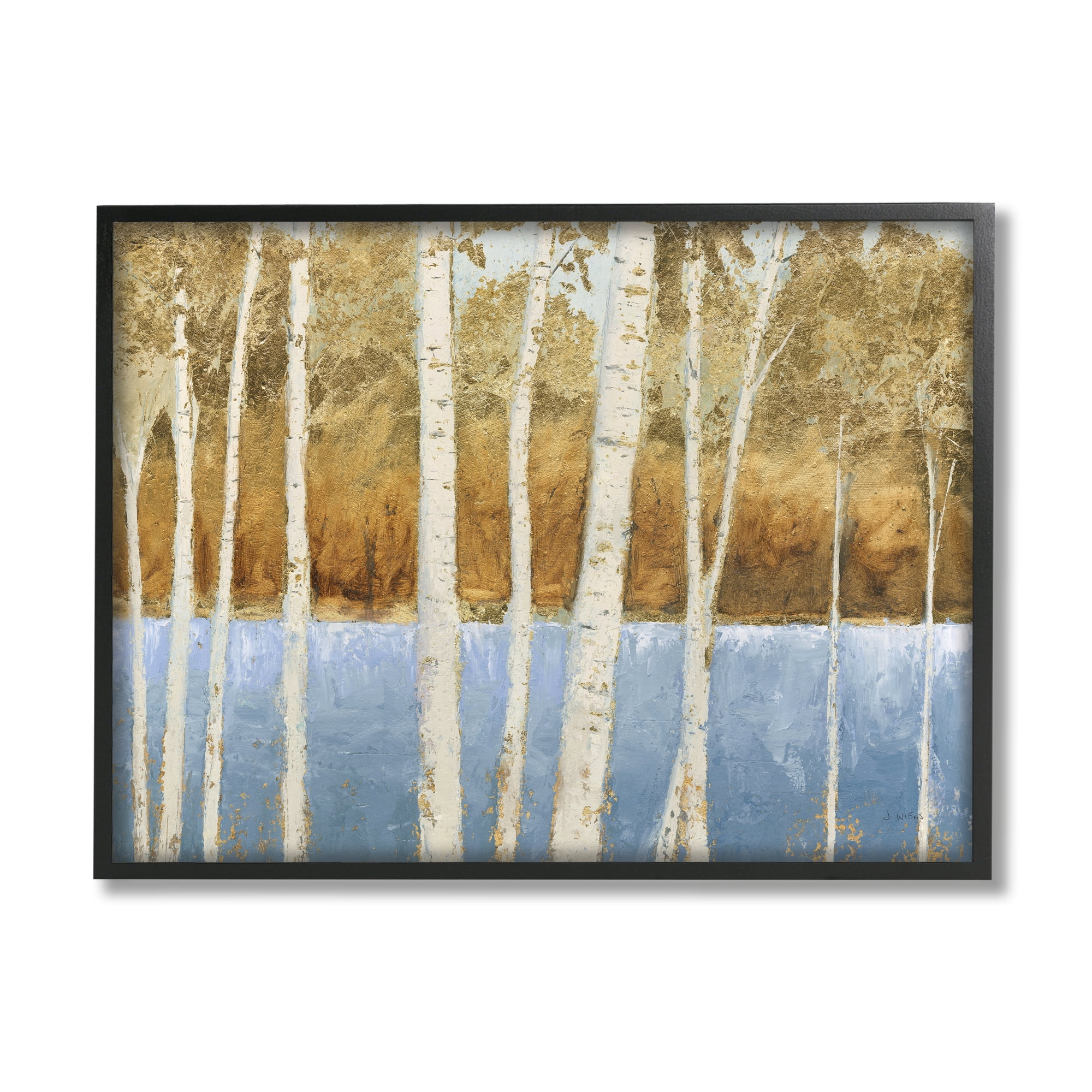 Birch Tree Lake Landscape Blue and Gold Canvas Print in Black Frame
