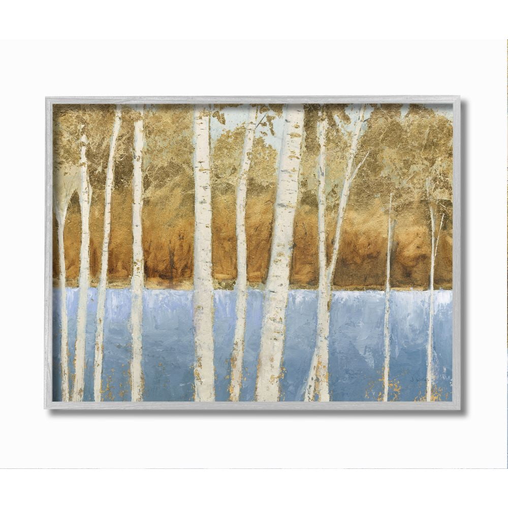 Birch Tree Lake Landscape Blue and Gold Canvas Print with Gray Frame