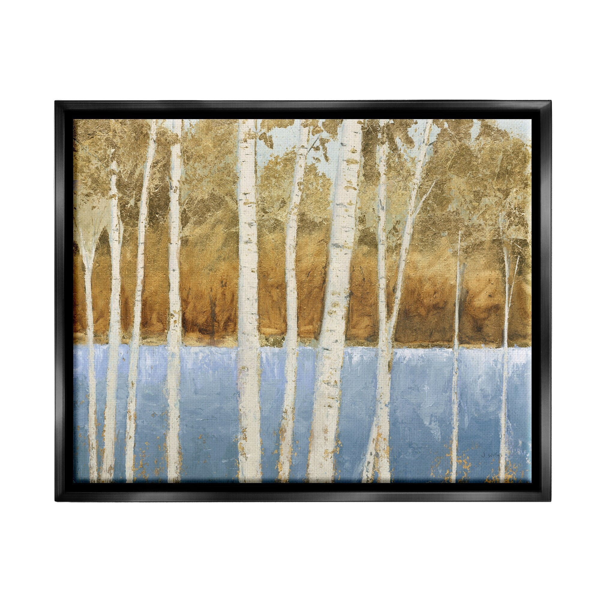 Stupell Industries Birch Tree Lake Landscape Blue Gold Nature Painting Jet Black Framed Floating Canvas Wall Art, 16x20, by James Wiens