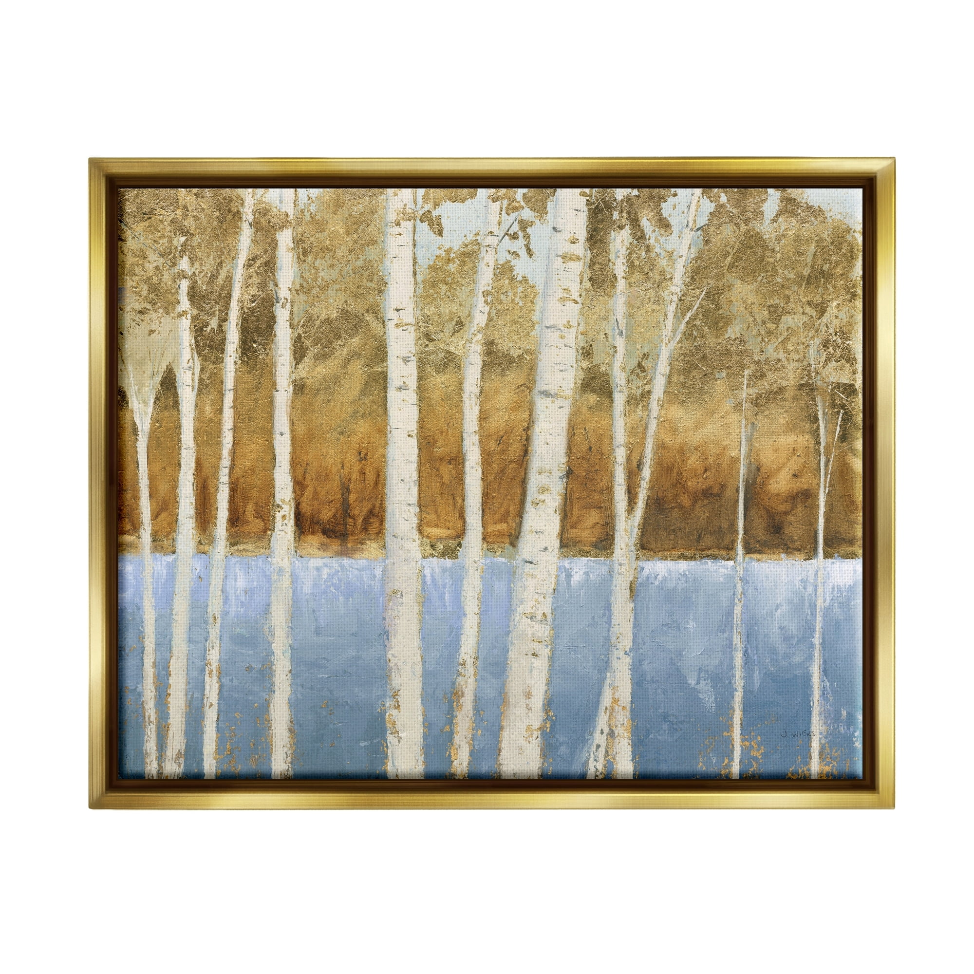 Stupell Industries Birch Tree Lake Landscape Blue Gold Nature Painting Metallic Gold Framed Floating Canvas Wall Art, 16x20, by James Wiens