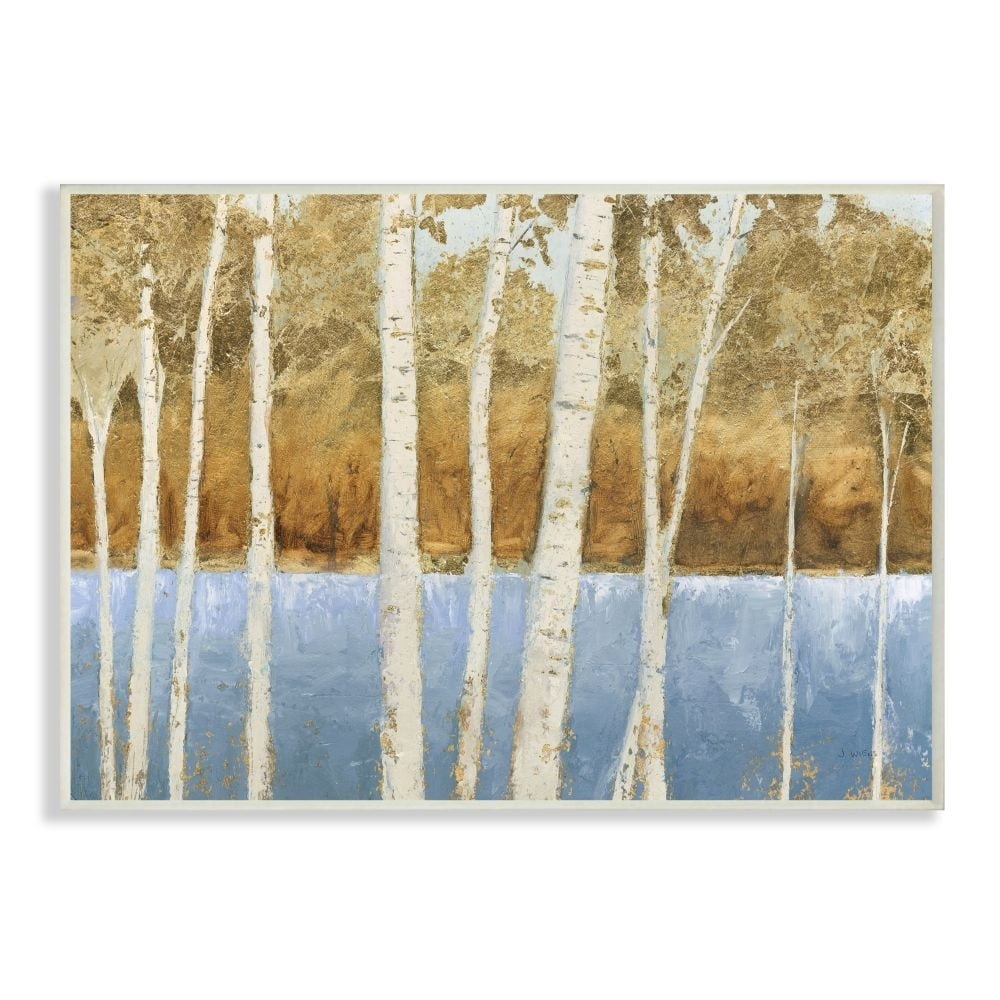 Birch Tree Lake Landscape Blue Gold Wood Wall Art, 10 x 15