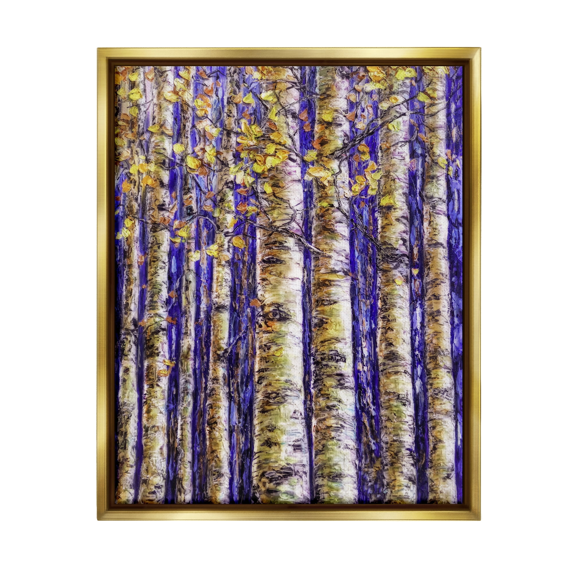 Stupell Industries Birch Trees on Blue Nature Painting Gold Floater Framed Art Print Wall Art, 25 x 31