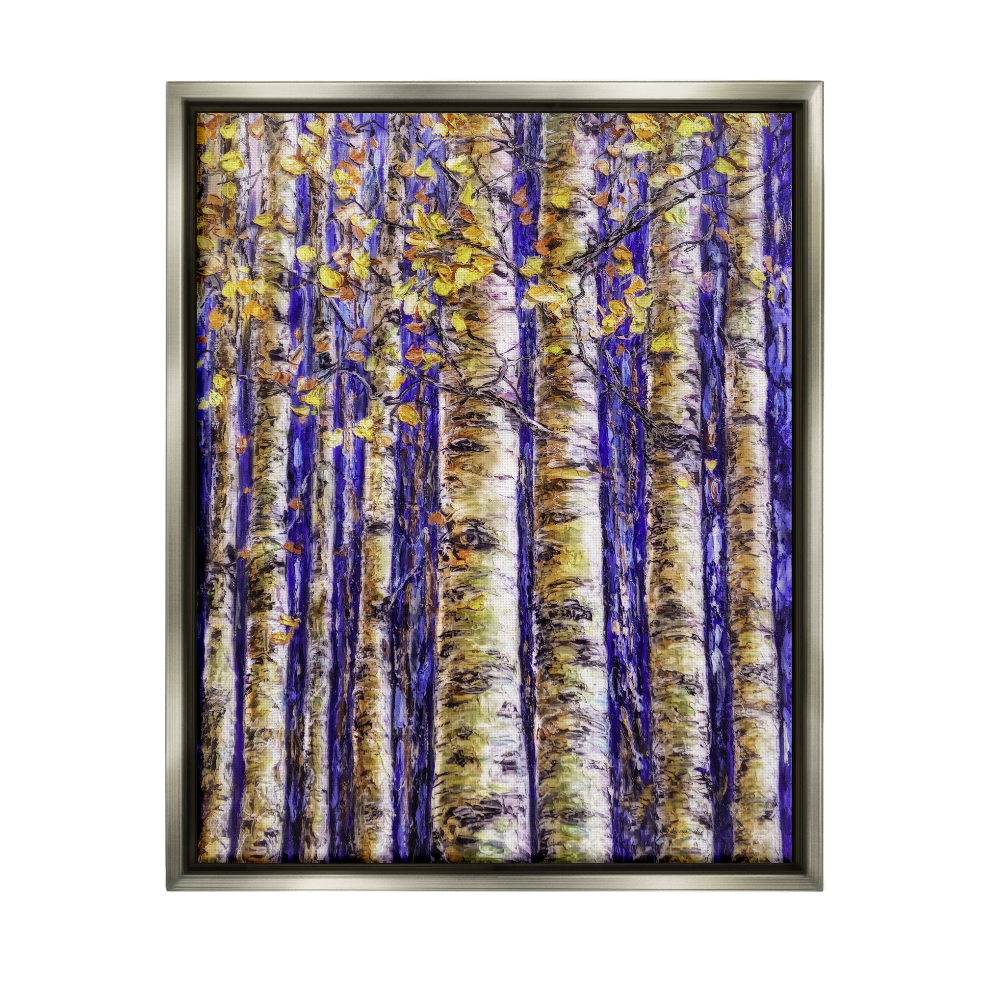Stupell Industries Birch Trees on Blue Nature Painting Gray Floater Framed Art Print Wall Art, 17 x 21
