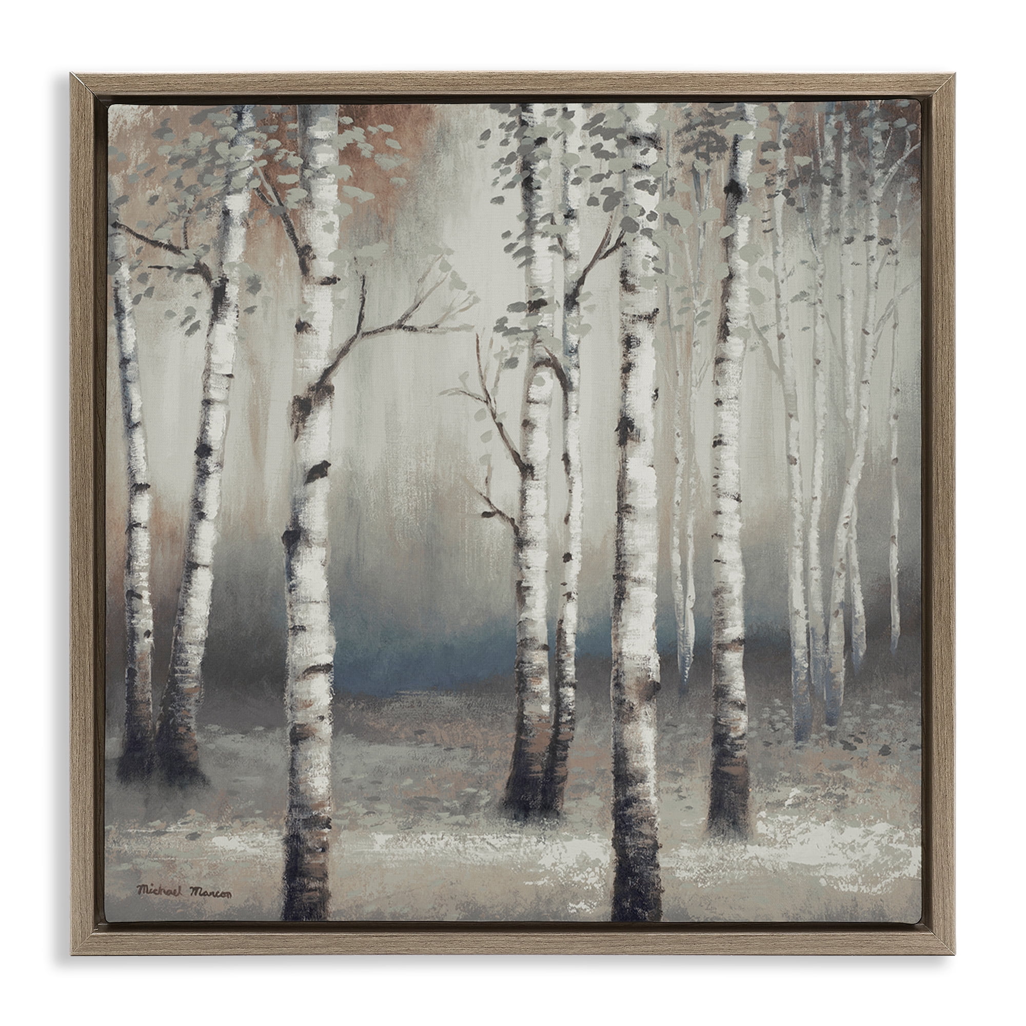 Stupell Industries Birch Trees with Misty Haze Botanical & Floral Painting Brown Floater Framed Canvas Art Print Wall Art, 18 x 18