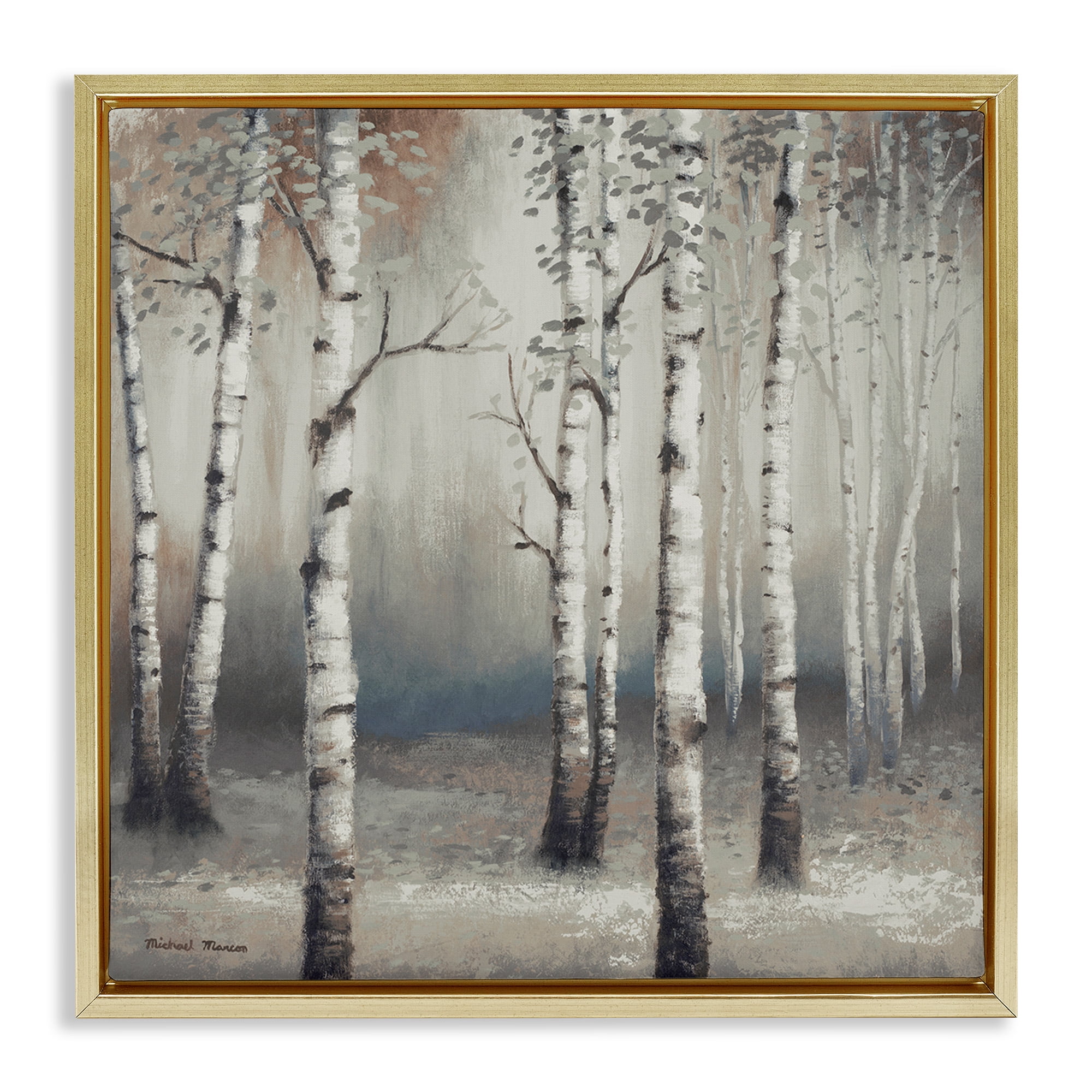 Stupell Industries Birch Trees with Misty Haze Botanical & Floral Painting Gold Floater Framed Canvas Art Print Wall Art, 25 x 25