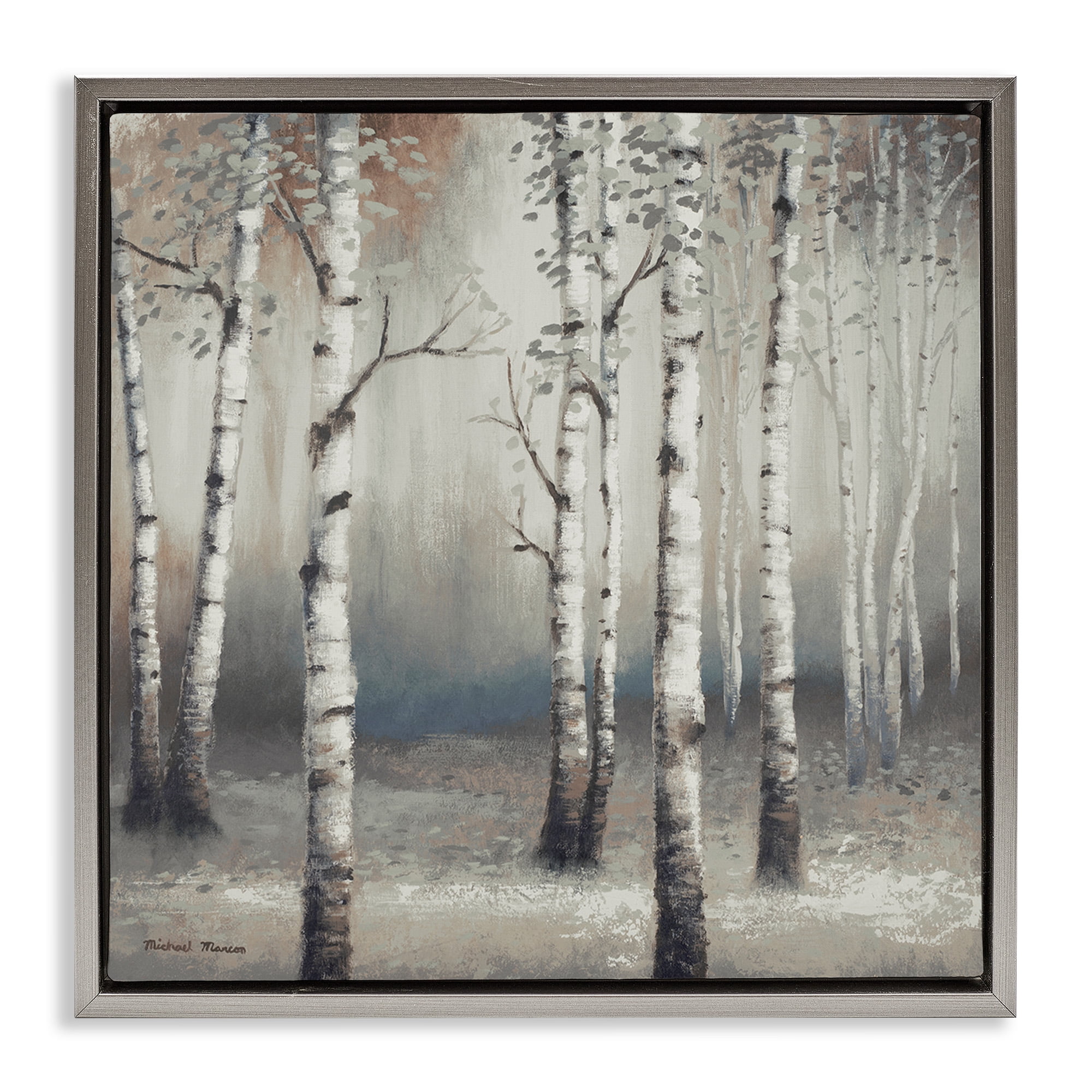 Stupell Industries Birch Trees with Misty Haze Botanical & Floral Painting Gray Floater Framed Canvas Art Print Wall Art, 18 x 18