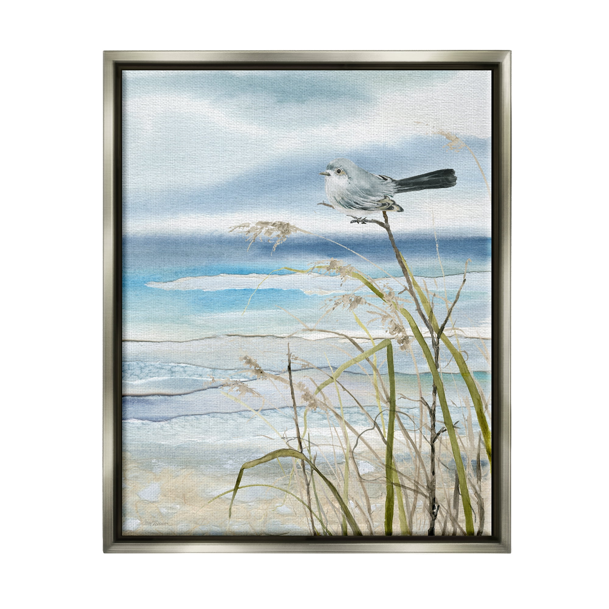 Stupell Industries Bird & Abstract Beach Animals & Insects Painting Gray Floater Framed Canvas Art Print Wall Art, 25 x 31