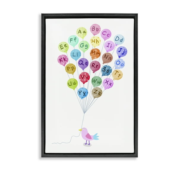 Stupell Industries Bird & Alphabet Balloons Animals & Insects Painting Black Floater Framed Art Print Wall Art, 17 x 25