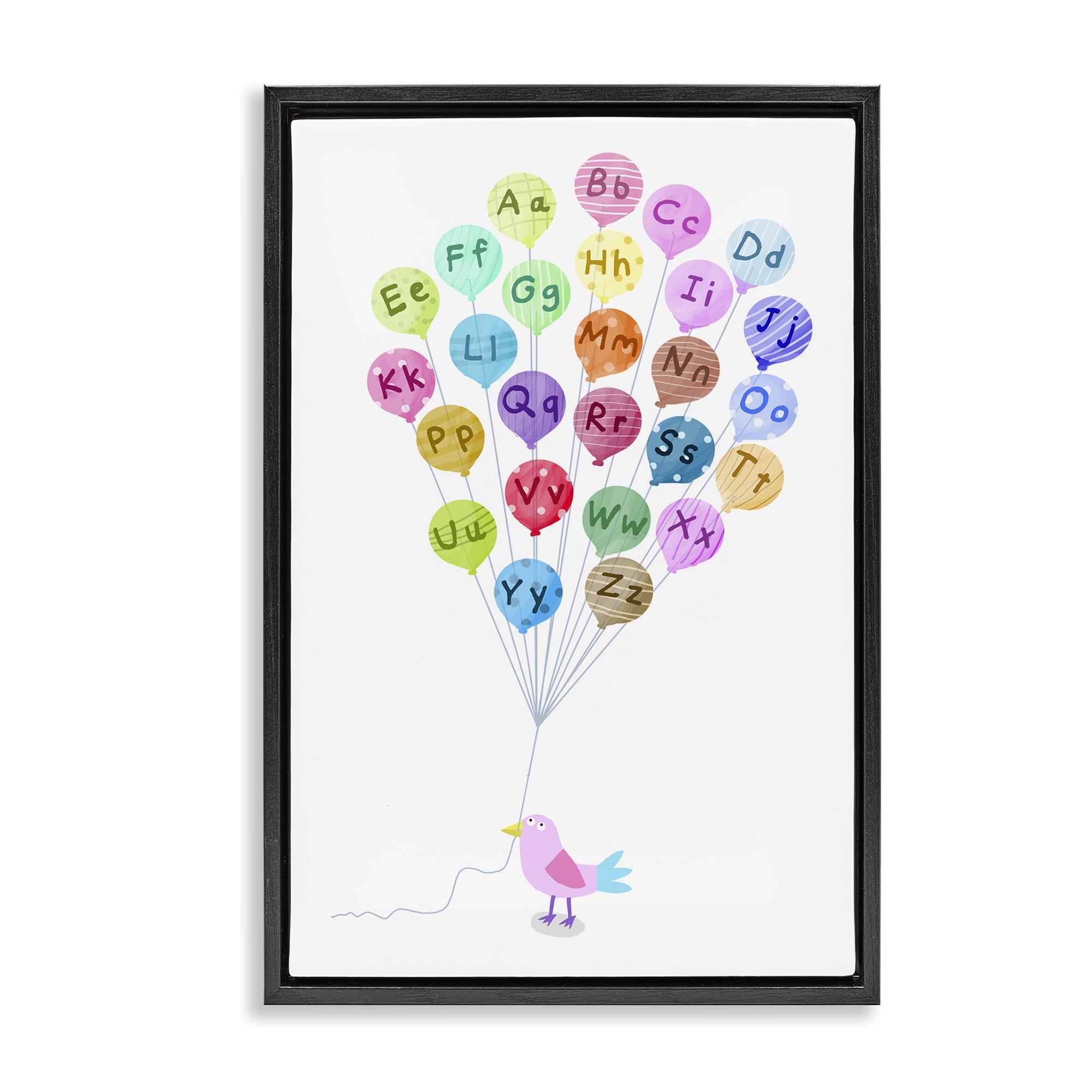 Stupell Industries Bird & Alphabet Balloons Animals & Insects Painting Black Floater Framed Art Print Wall Art, 21 x 31